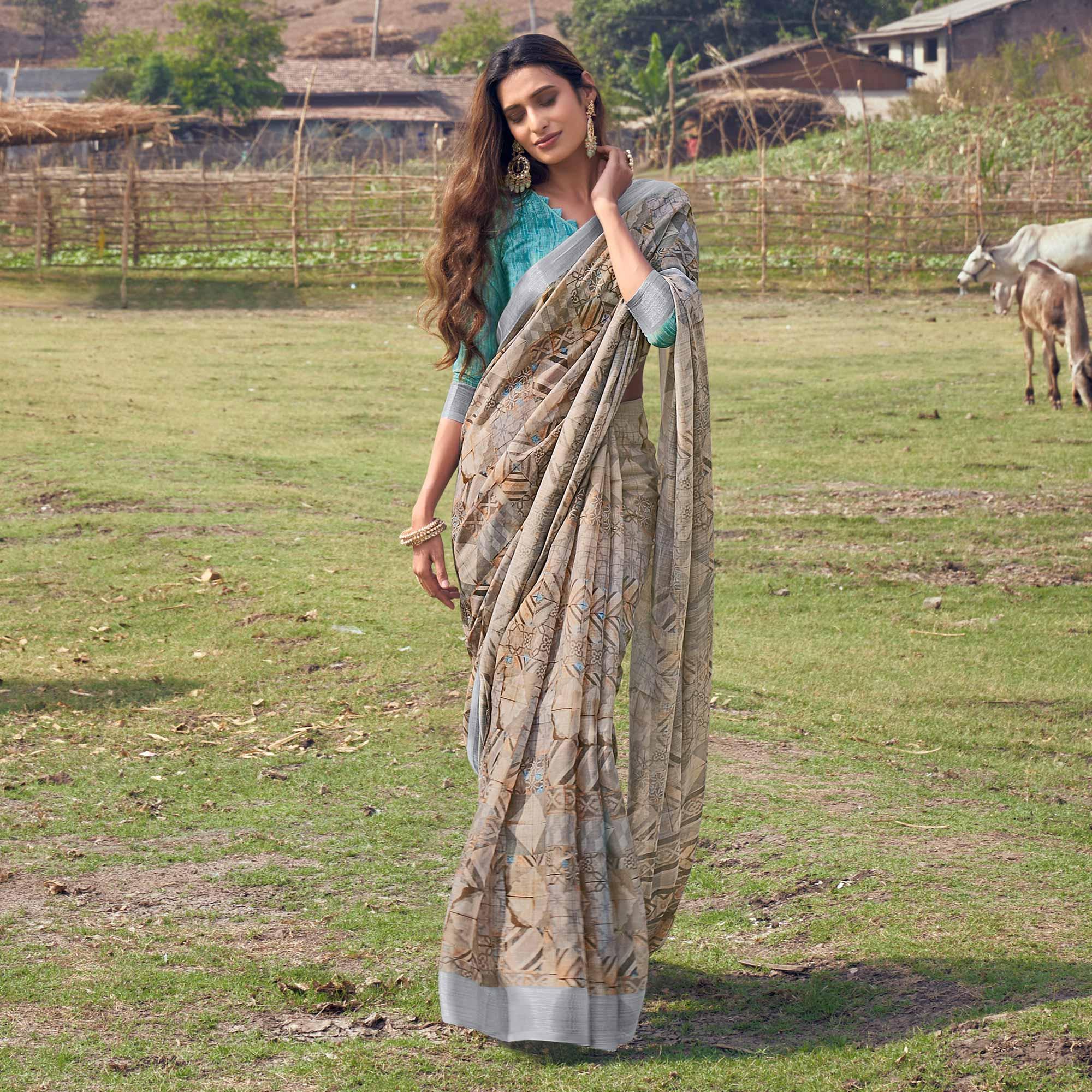 Multicolour Digital Printed Linen Saree - Peachmode