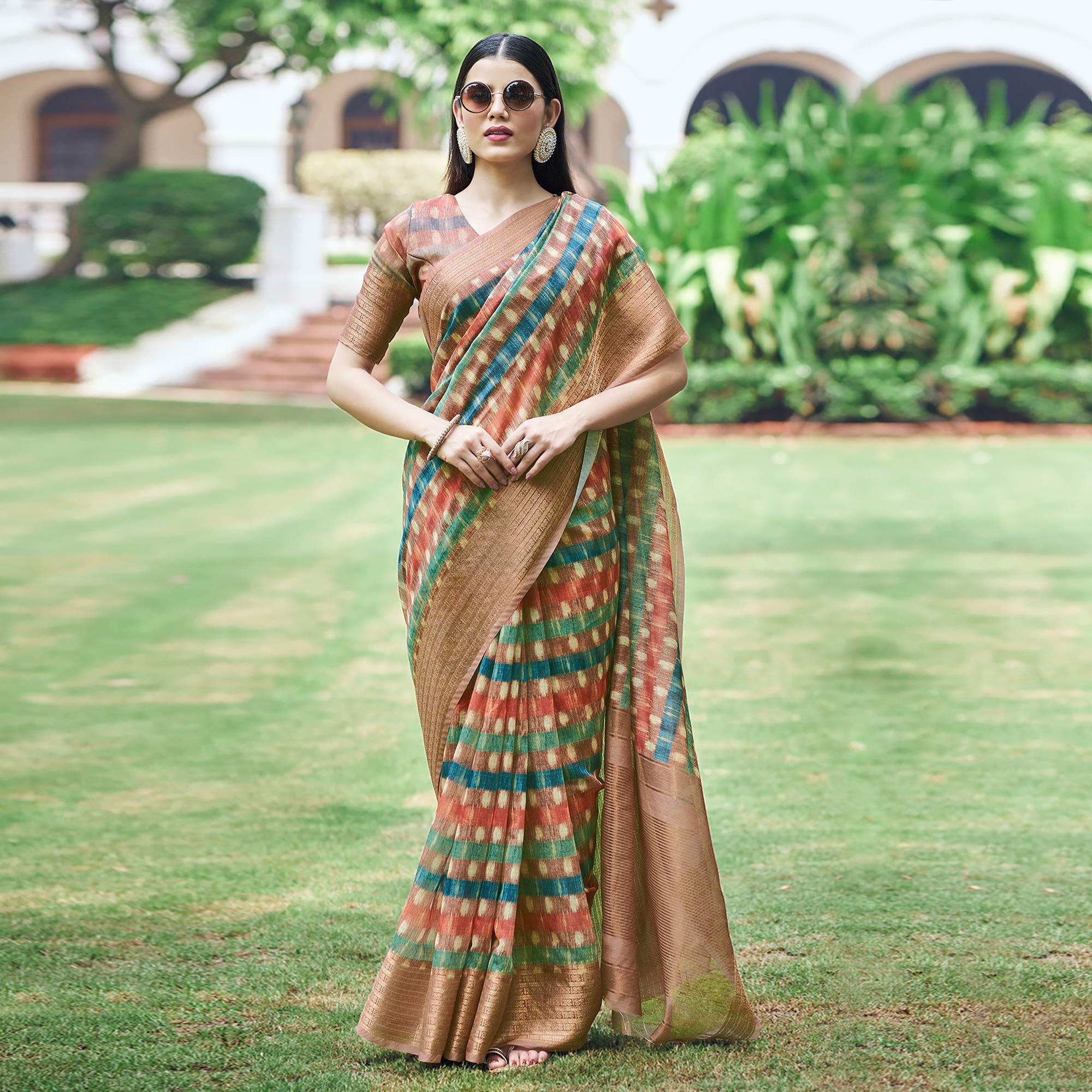 Multicolour Digital Printed Linen Saree - Peachmode