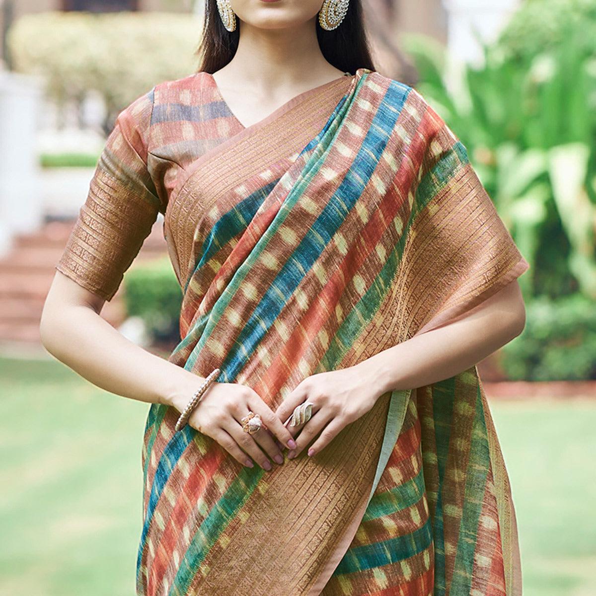 Multicolour Digital Printed Linen Saree - Peachmode