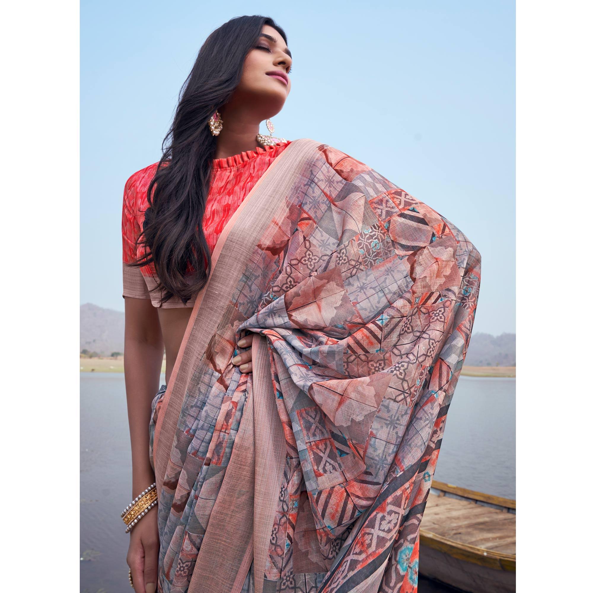Multicolour Digital Printed Linen Saree - Peachmode