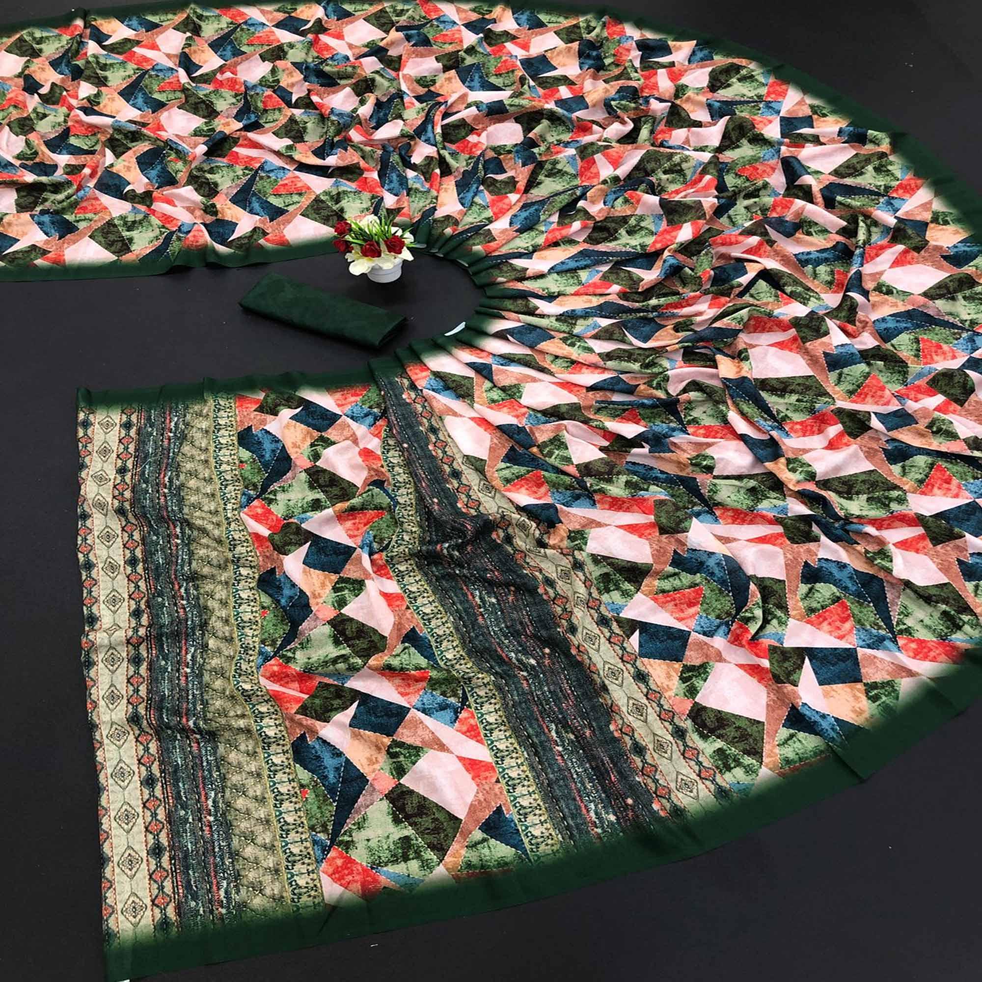 Multicolour Digital Printed Vichitra Silk Saree - Peachmode