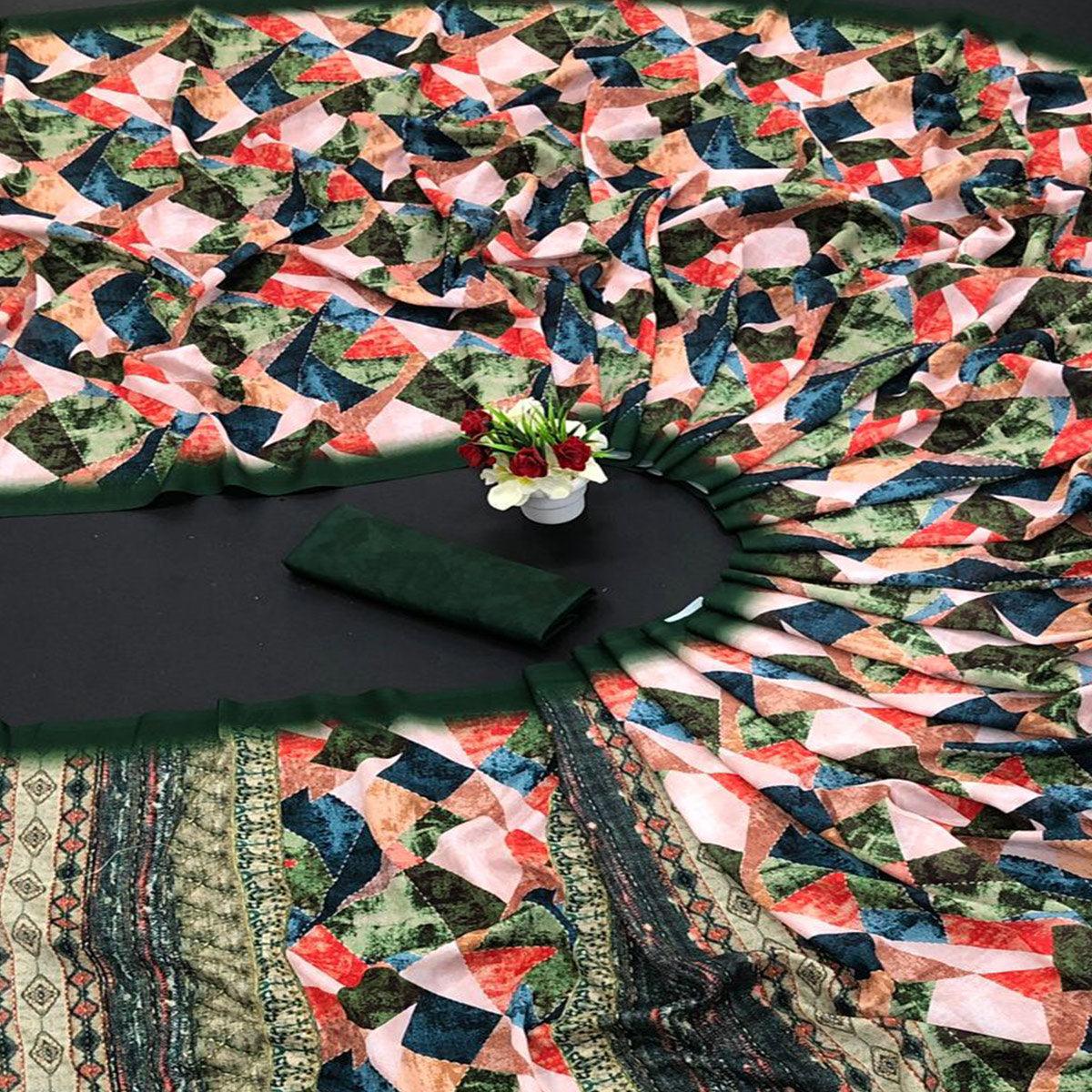 Multicolour Digital Printed Vichitra Silk Saree - Peachmode