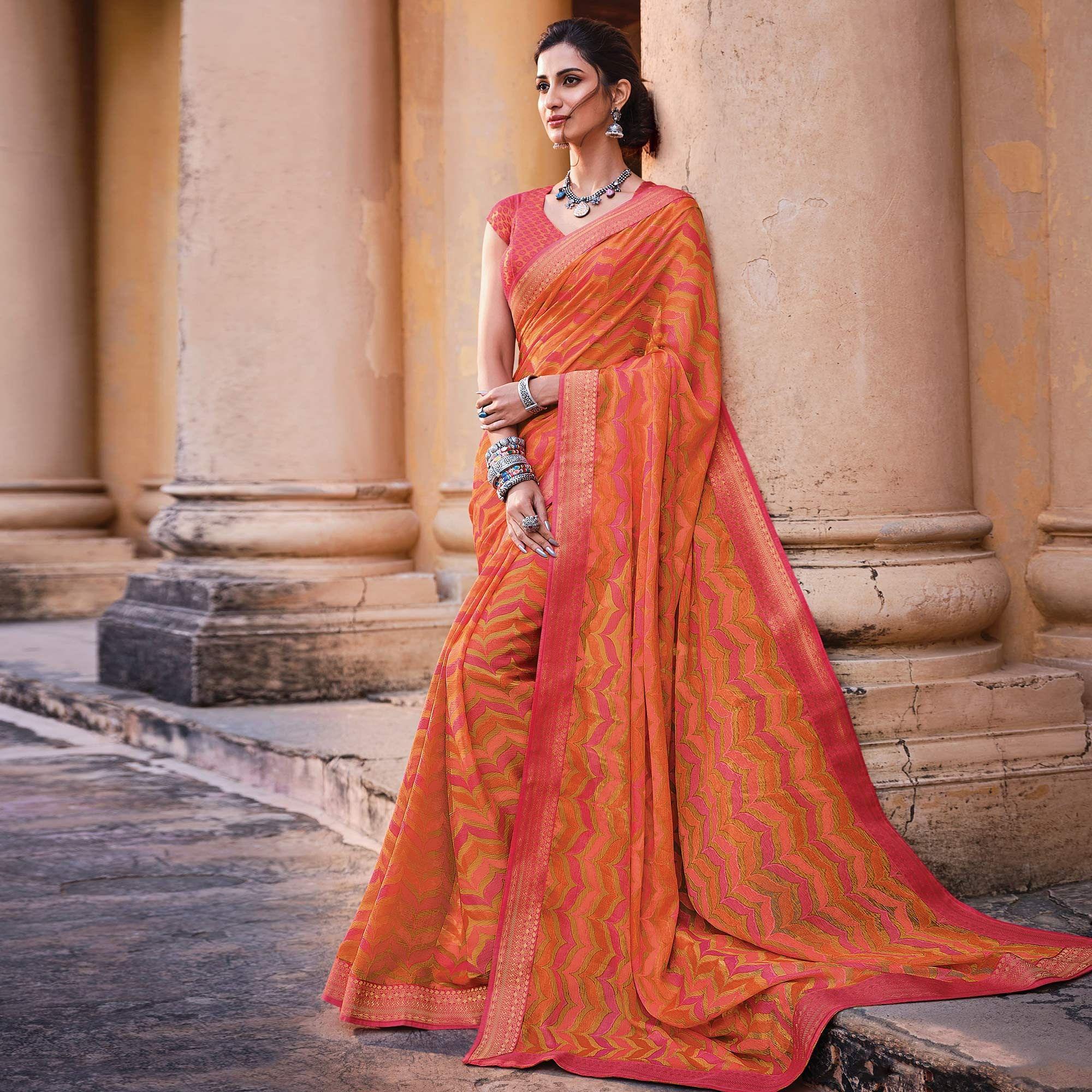 Multicolour Festive Wear Printed Brasso Saree - Peachmode