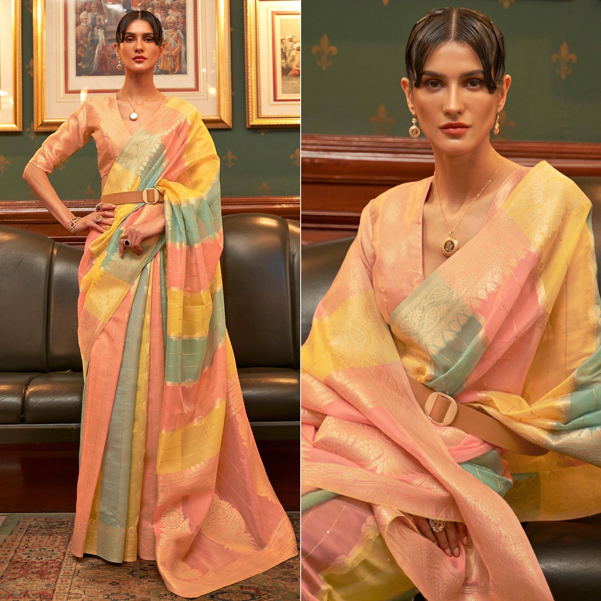 Multicolour Festive Wear Woven Organza Saree - Peachmode