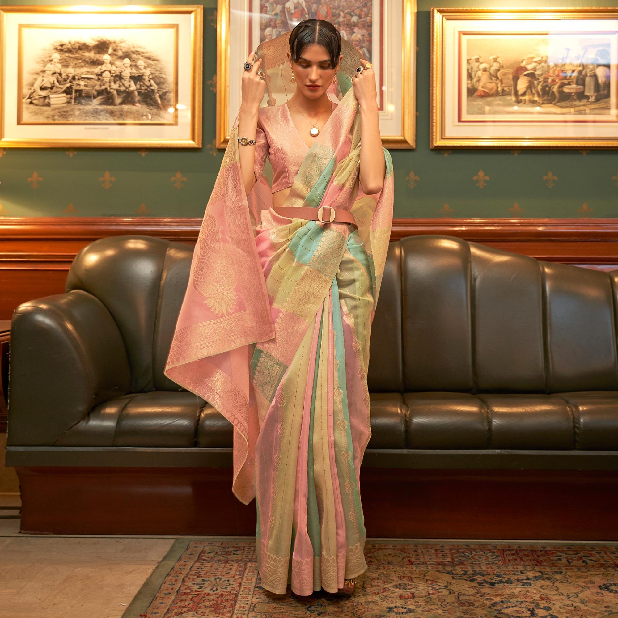Multicolour Festive Wear Woven Organza Saree - Peachmode