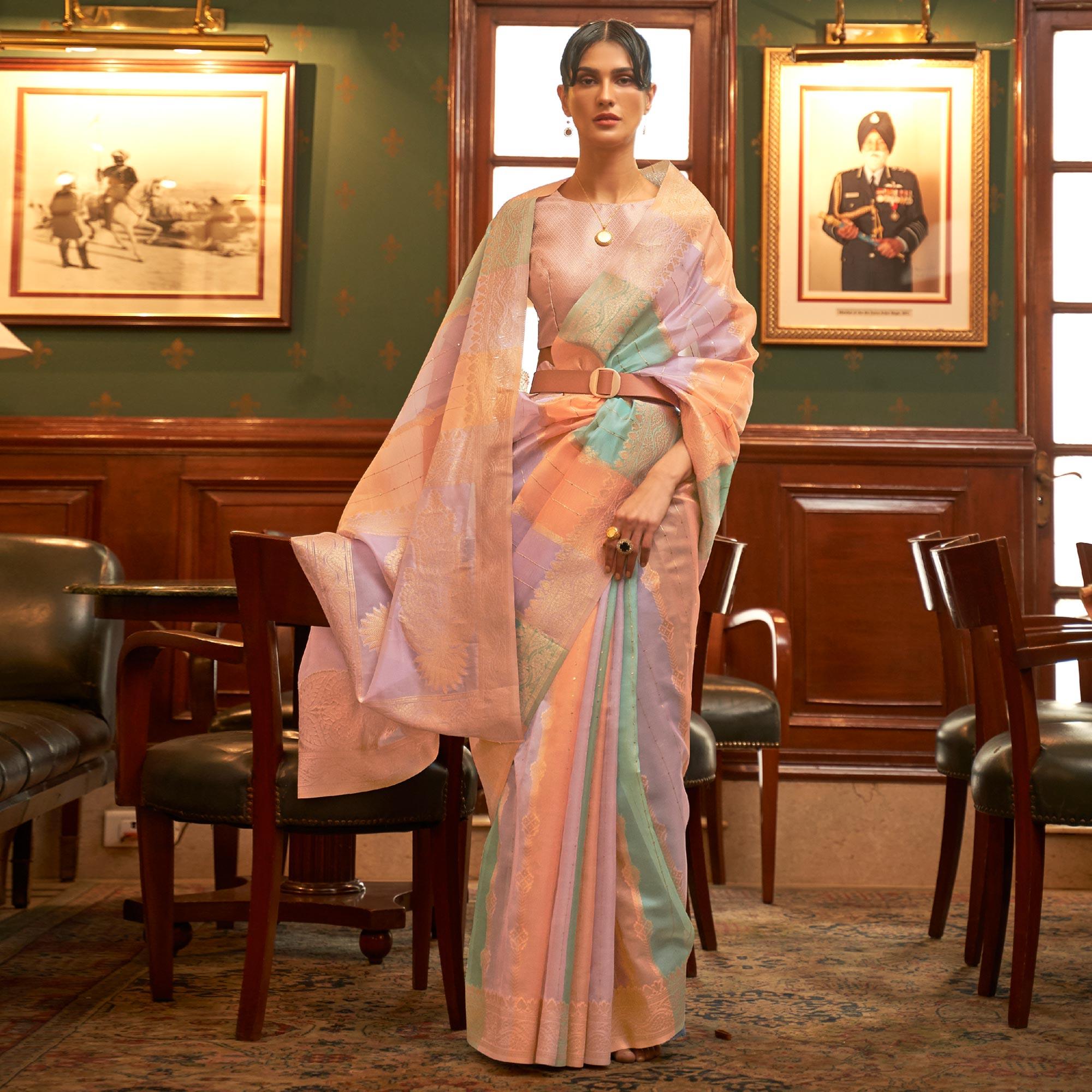 Multicolour Festive Wear Woven Organza Saree - Peachmode