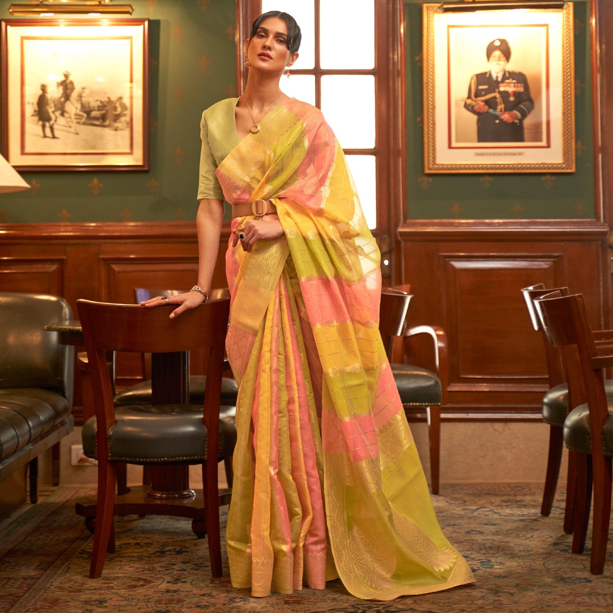 Multicolour Festive Wear Woven Organza Saree - Peachmode