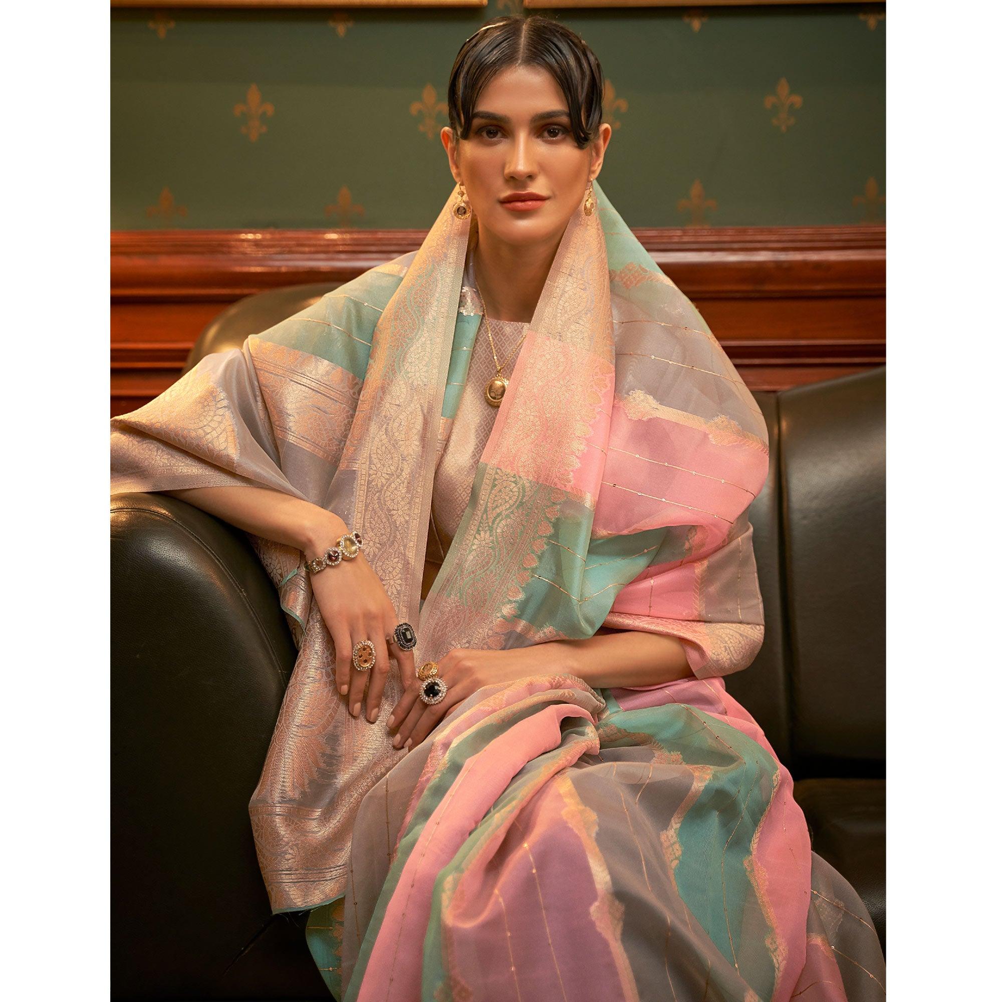 Multicolour Festive Wear Woven Organza Saree - Peachmode