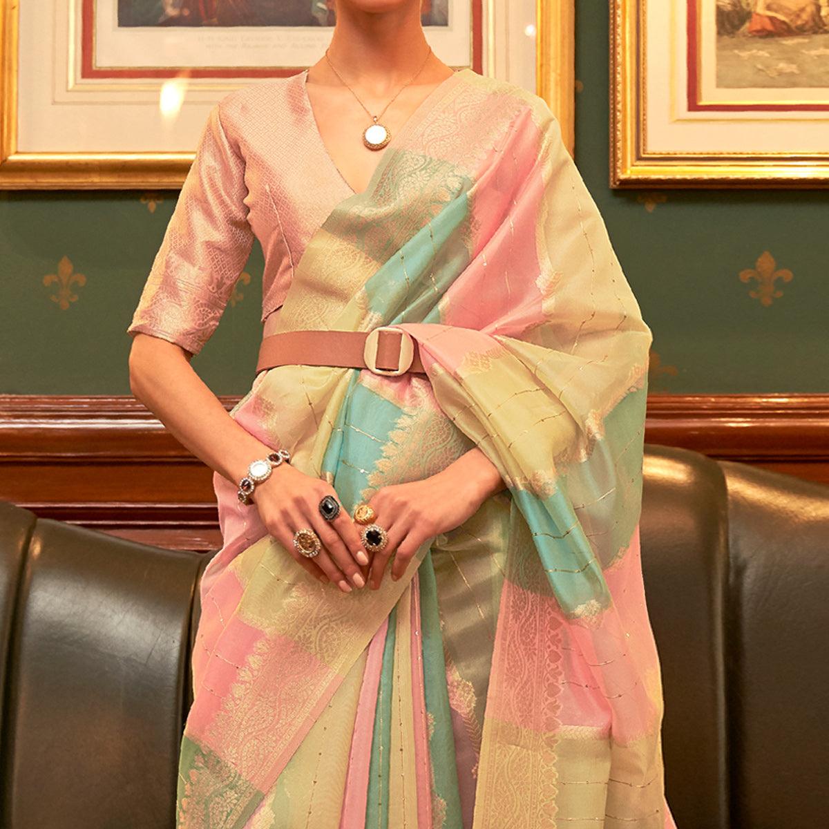 Multicolour Festive Wear Woven Organza Saree - Peachmode