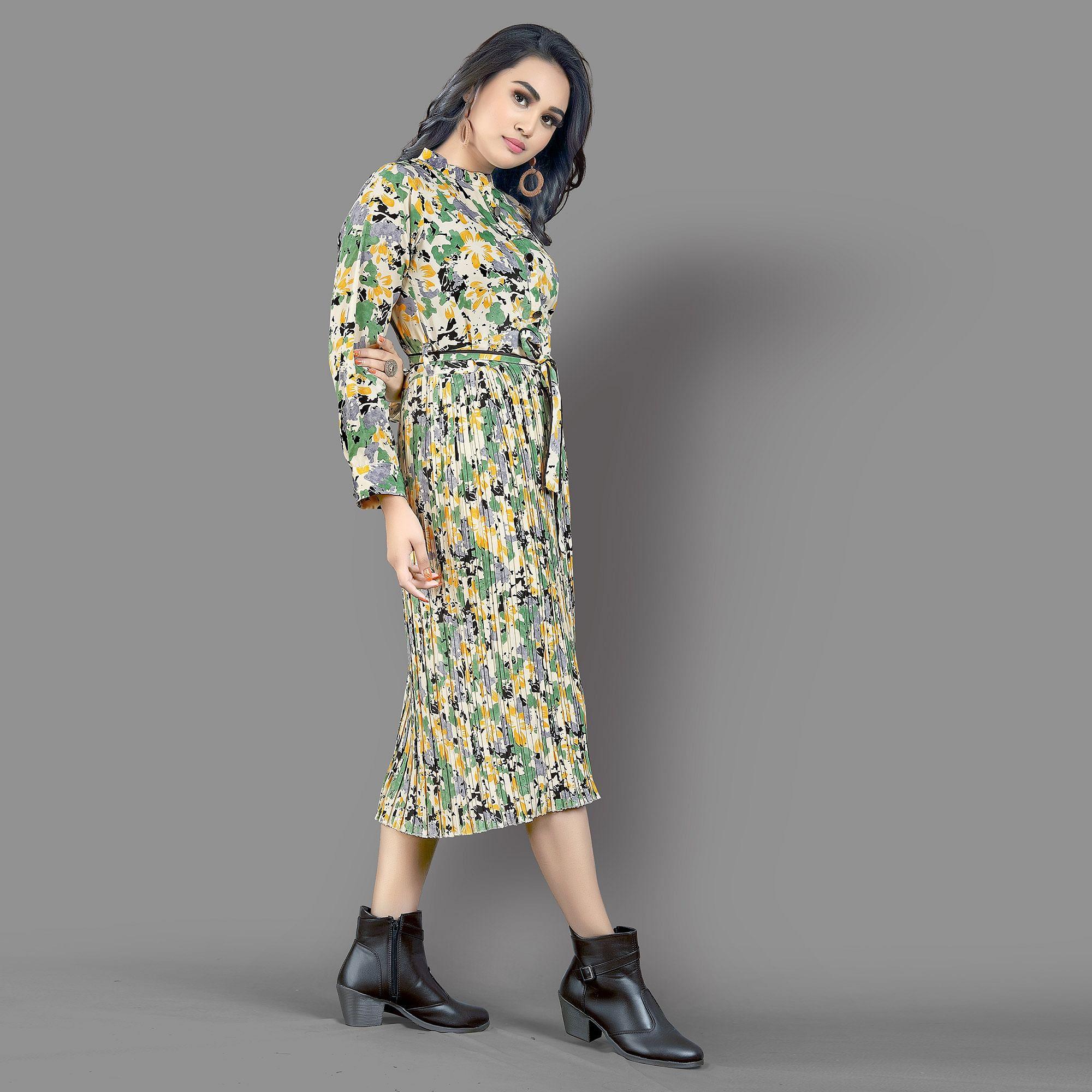 Multicolour Floral Printed Crepe Dress - Peachmode