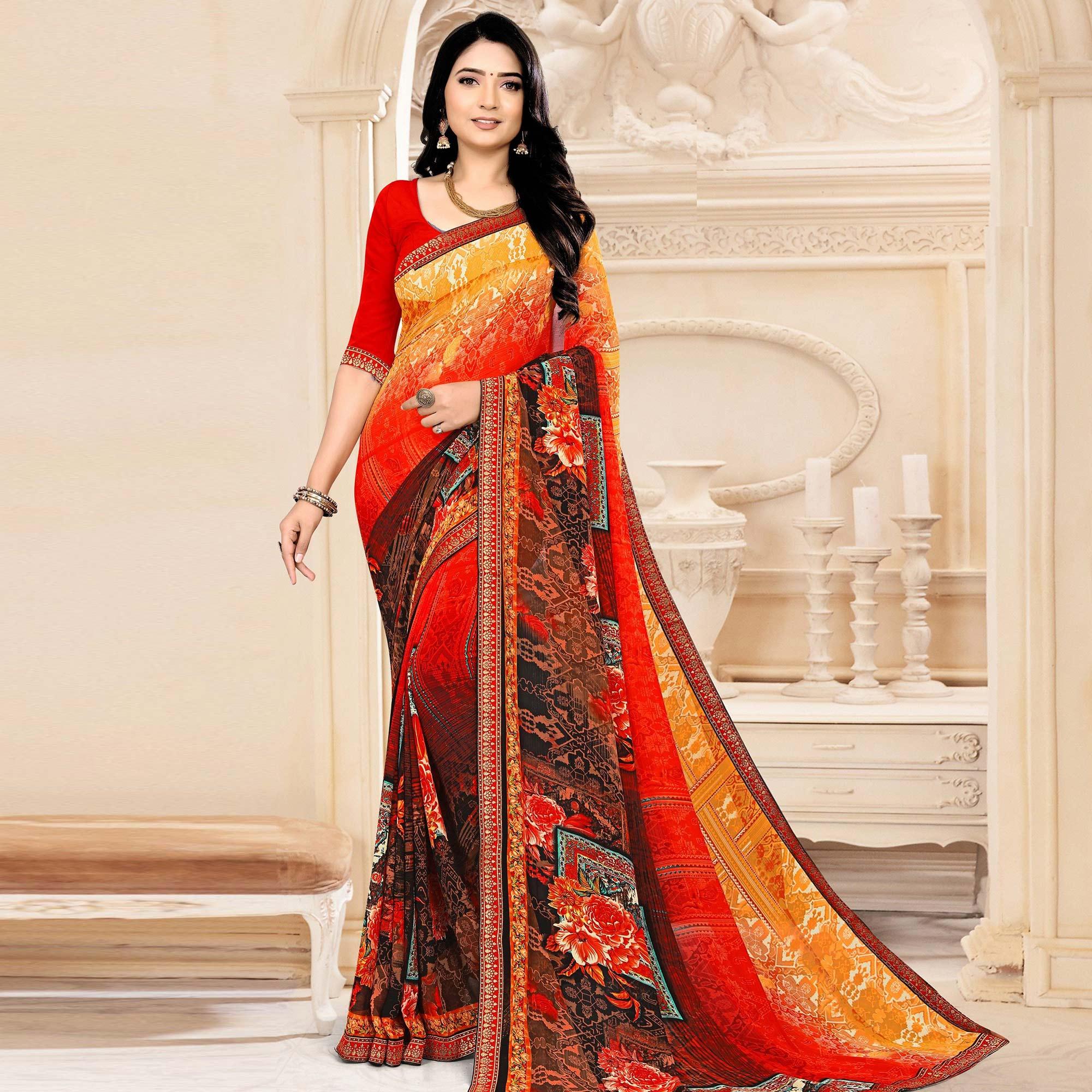 Multicolour Floral Printed Georgette Saree - Peachmode