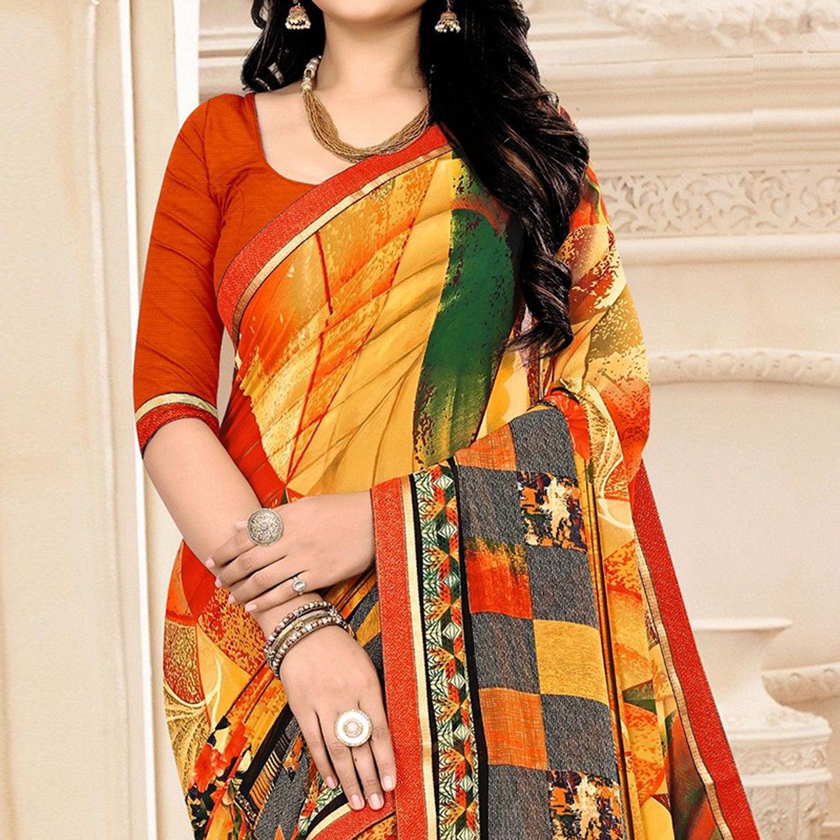 Multicolour Floral Printed Georgette Saree - Peachmode