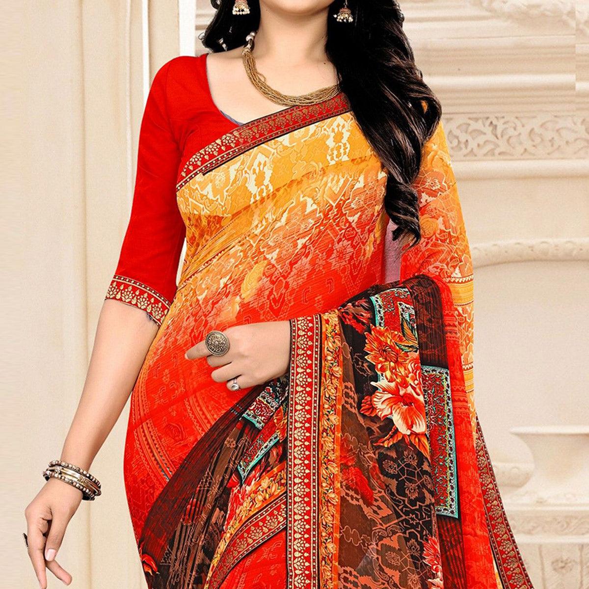 Multicolour Floral Printed Georgette Saree - Peachmode