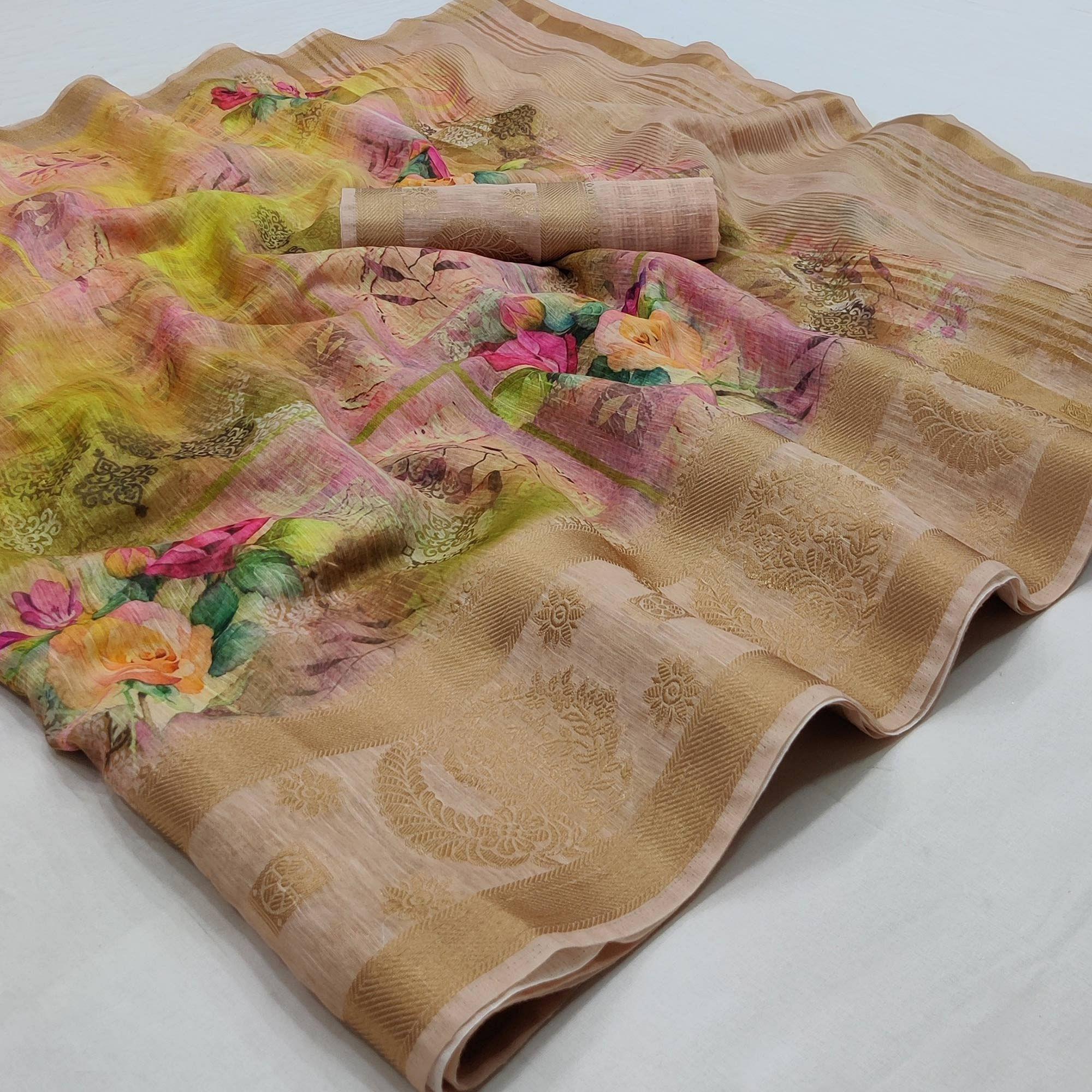 Multicolour Floral Printed Linen Saree - Peachmode