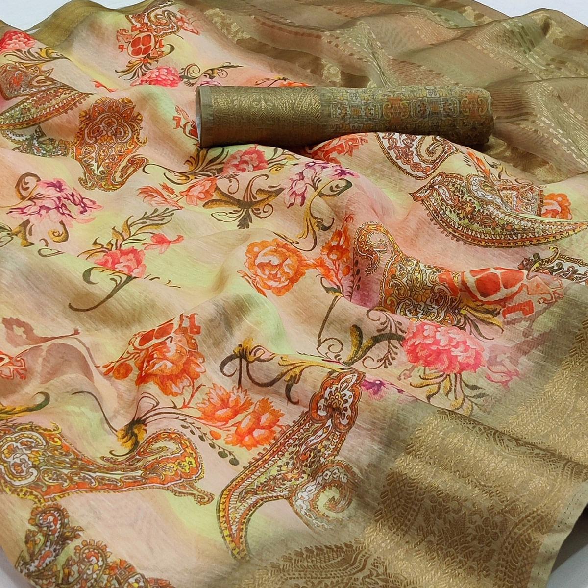 Multicolour Floral Printed Linen Saree - Peachmode