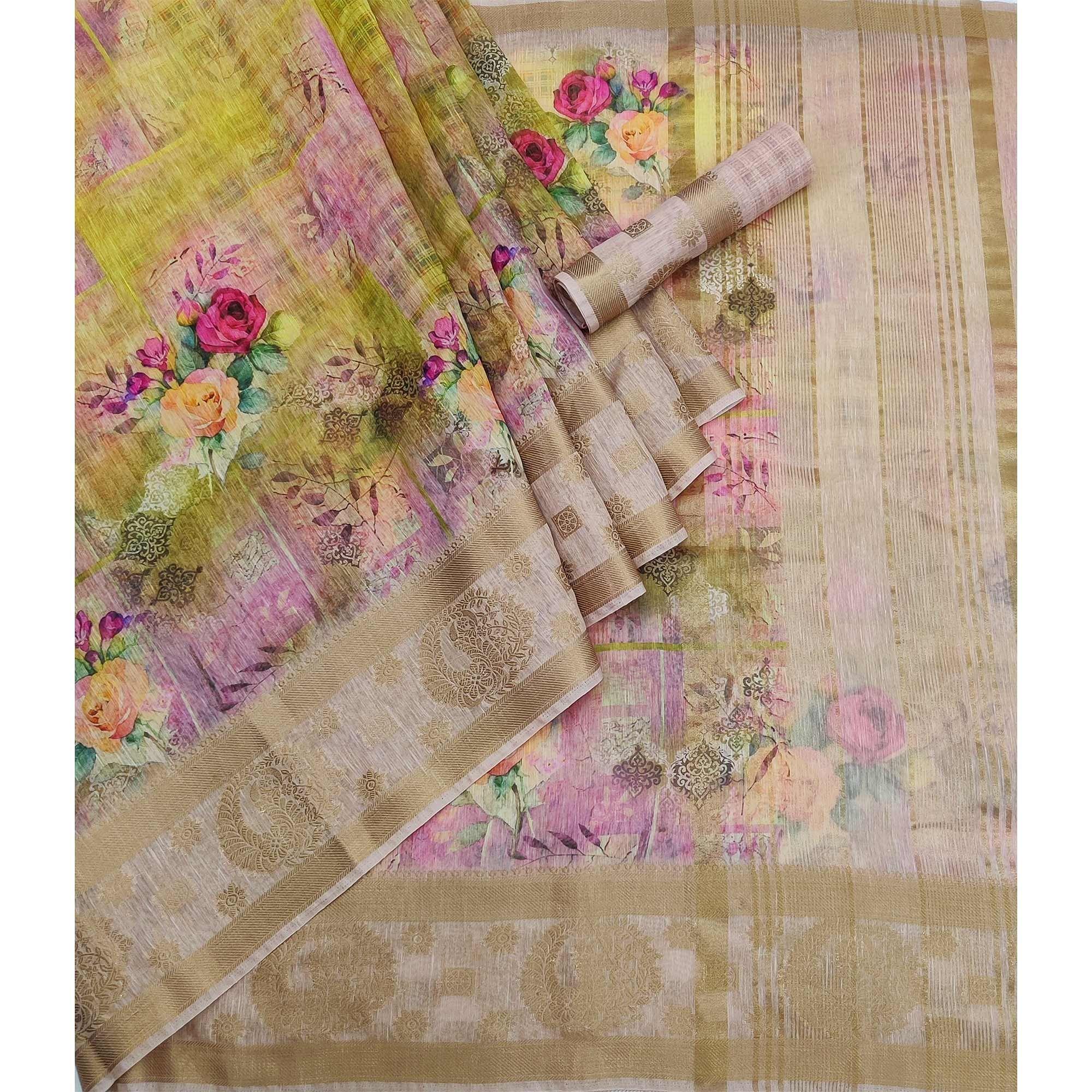 Multicolour Floral Printed Linen Saree - Peachmode
