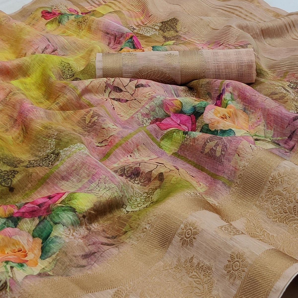 Multicolour Floral Printed Linen Saree - Peachmode