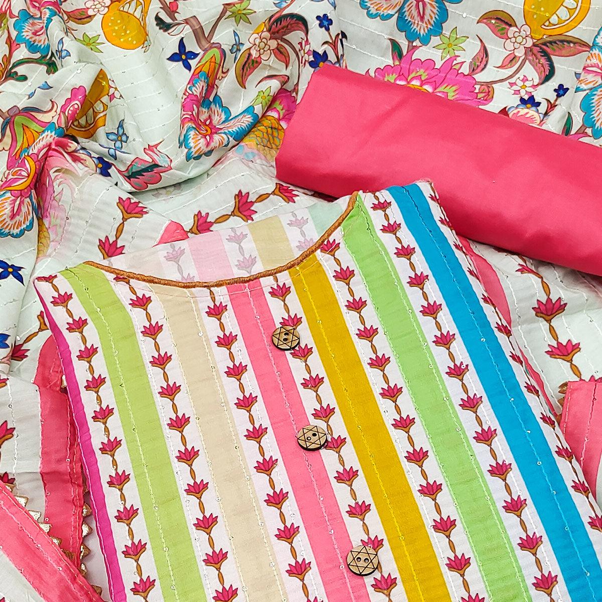 Multicolour Floral Printed With Sequence Embroidered Pure Cotton Dress Material - Peachmode