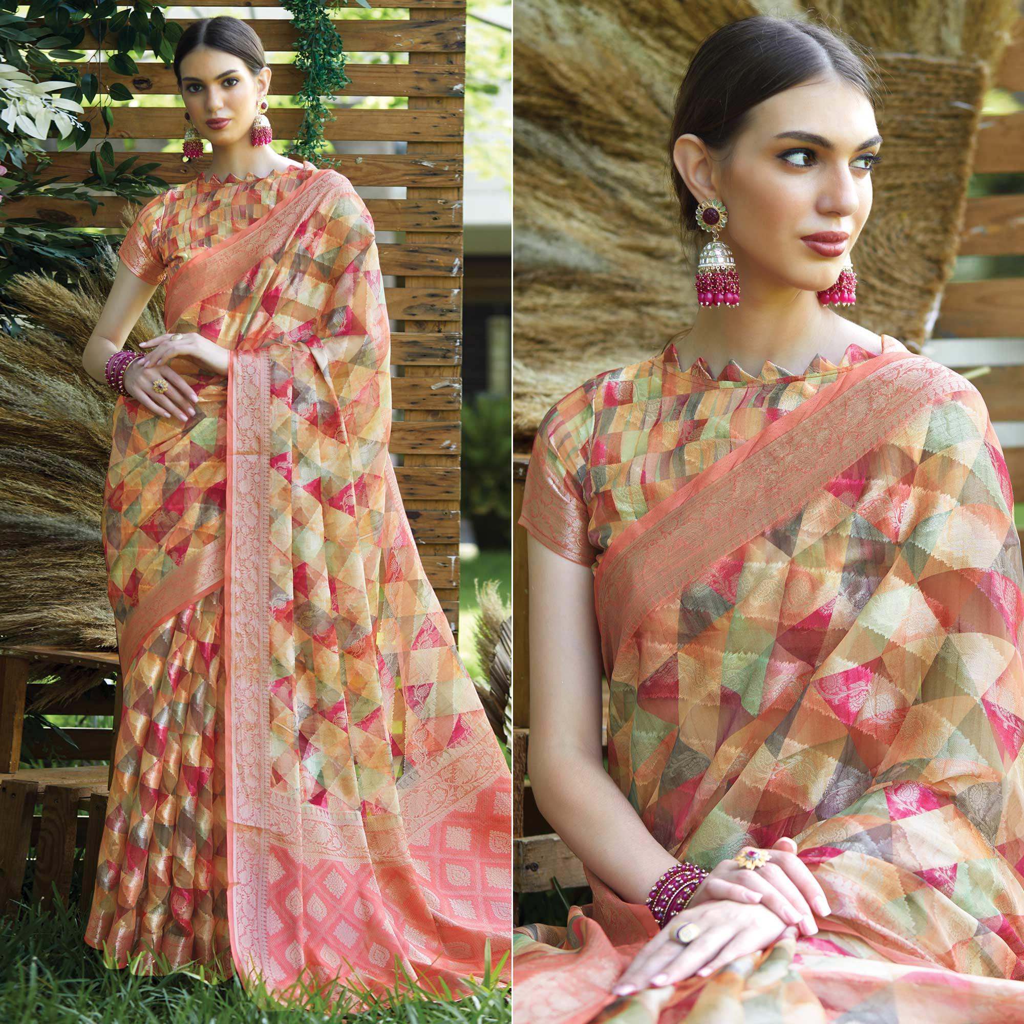 Multicolour Geometric Printed Art Silk Saree With Tassels - Peachmode