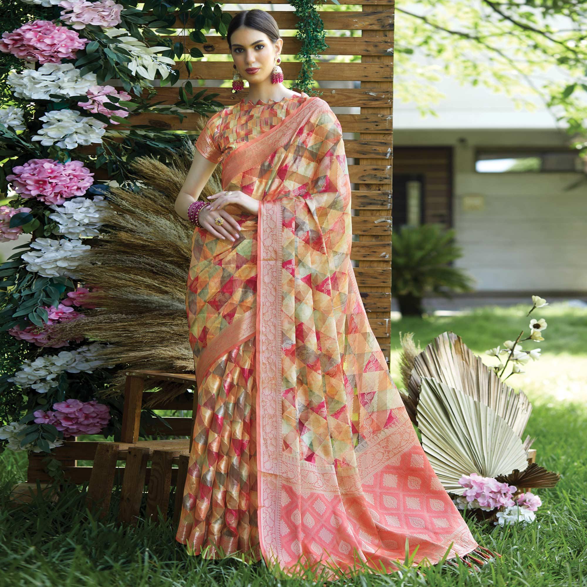 Multicolour Geometric Printed Art Silk Saree With Tassels - Peachmode