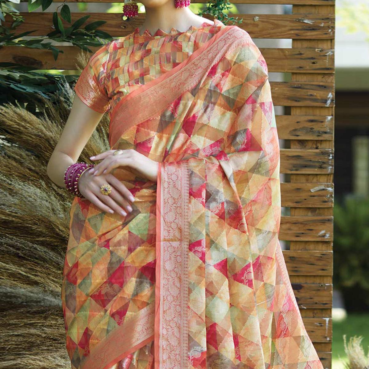 Multicolour Geometric Printed Art Silk Saree With Tassels - Peachmode