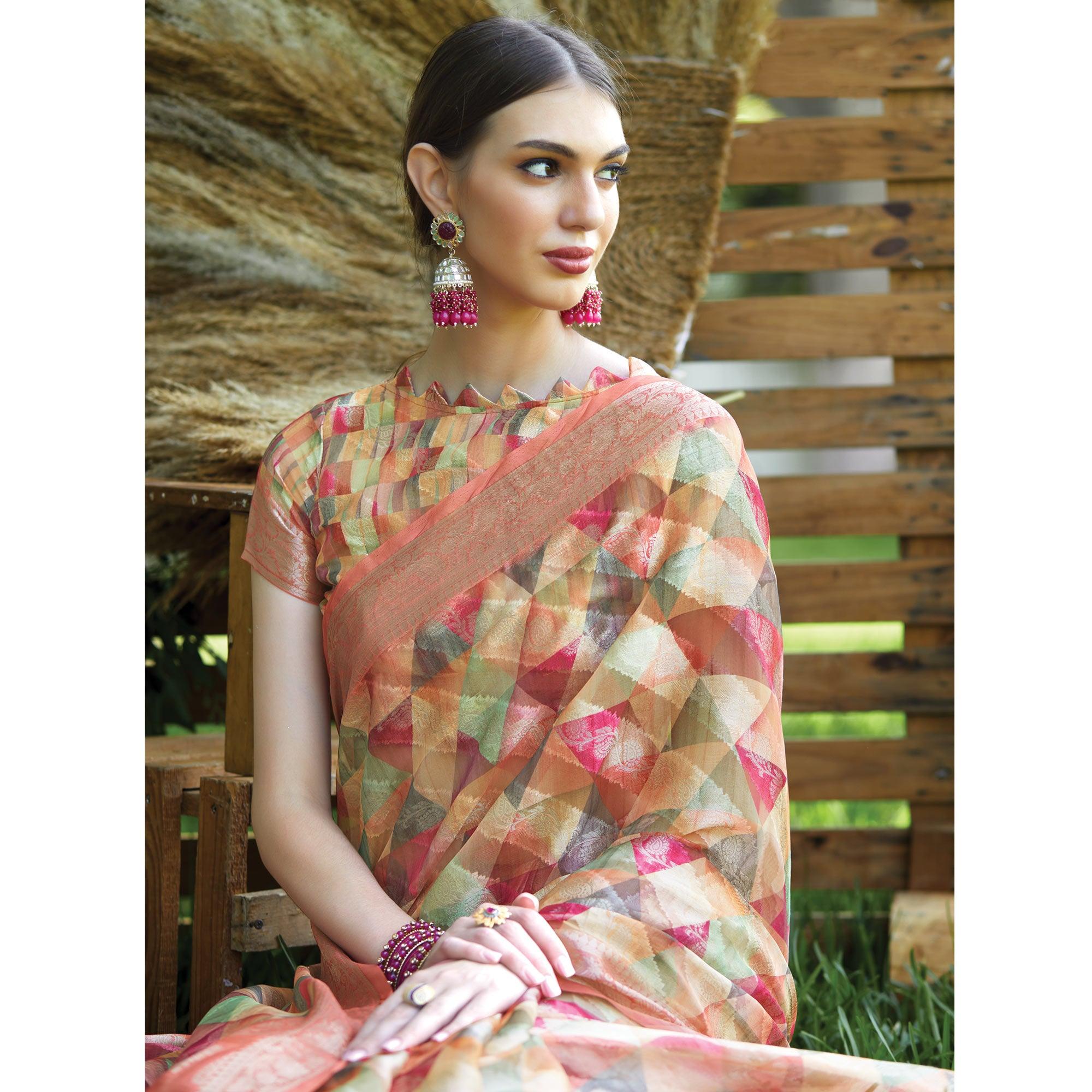 Multicolour Geometric Printed Art Silk Saree With Tassels - Peachmode