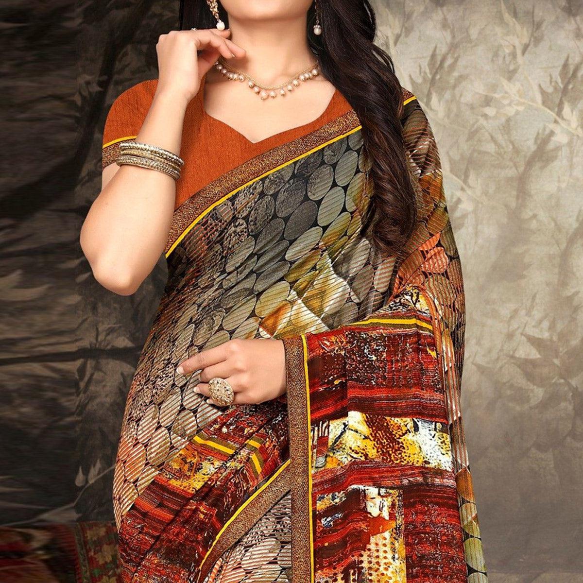 Multicolour Geometric Printed Georgette Saree - Peachmode