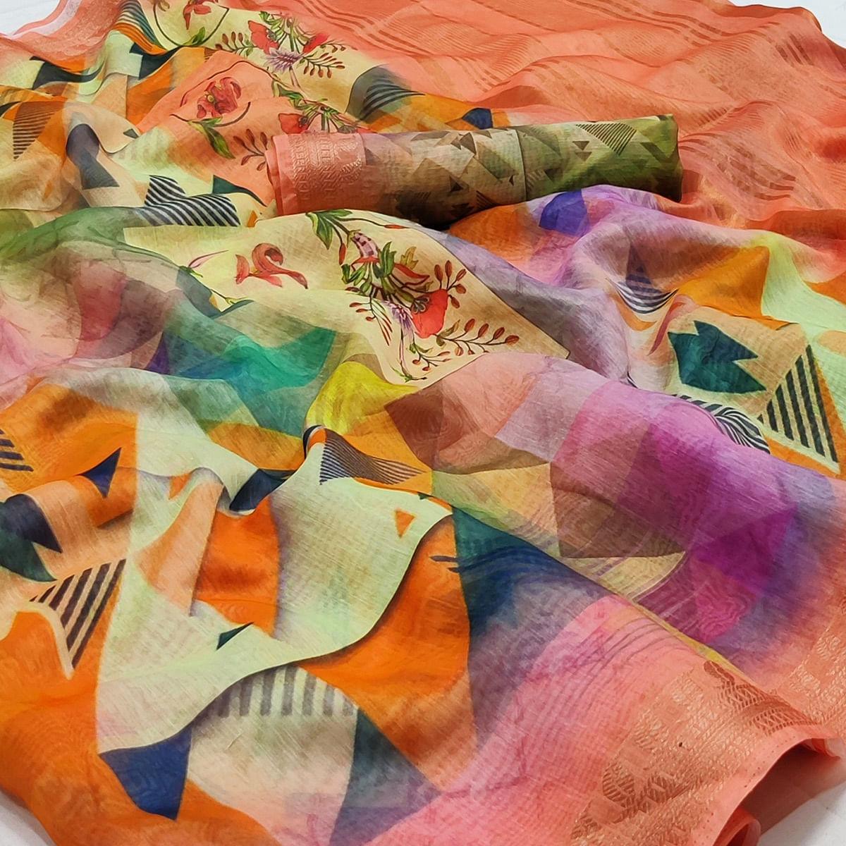 Multicolour Geometric Printed Linen Saree - Peachmode