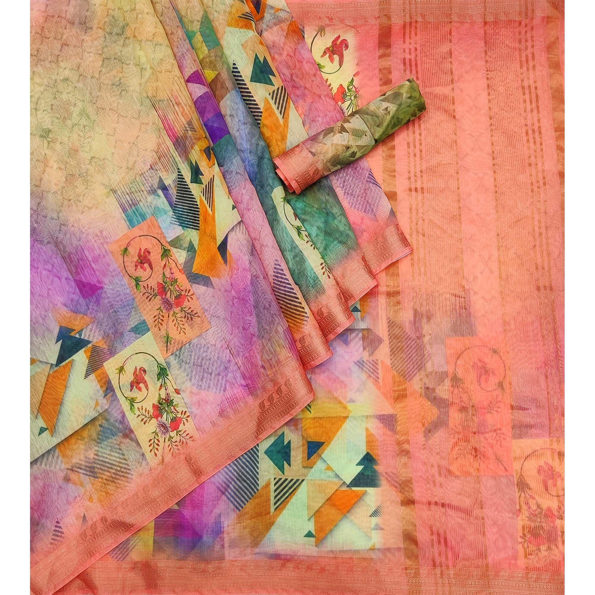 Multicolour Geometric Printed Linen Saree - Peachmode