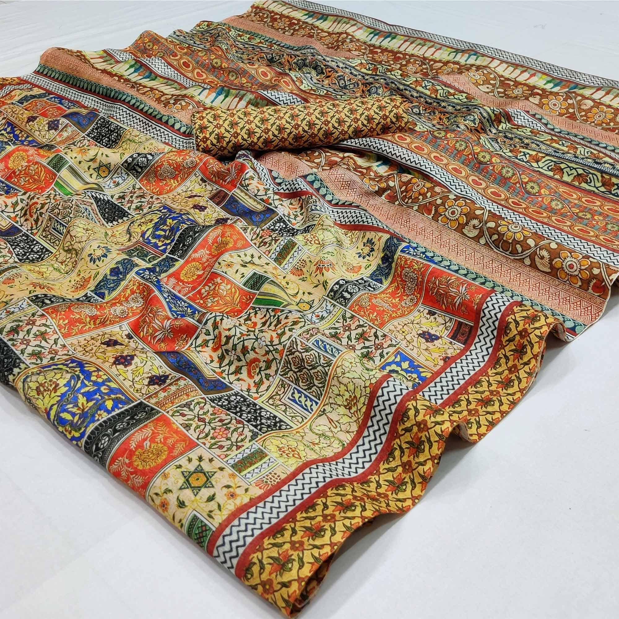 Multicolour Geometric Printed Pure Cotton Saree - Peachmode