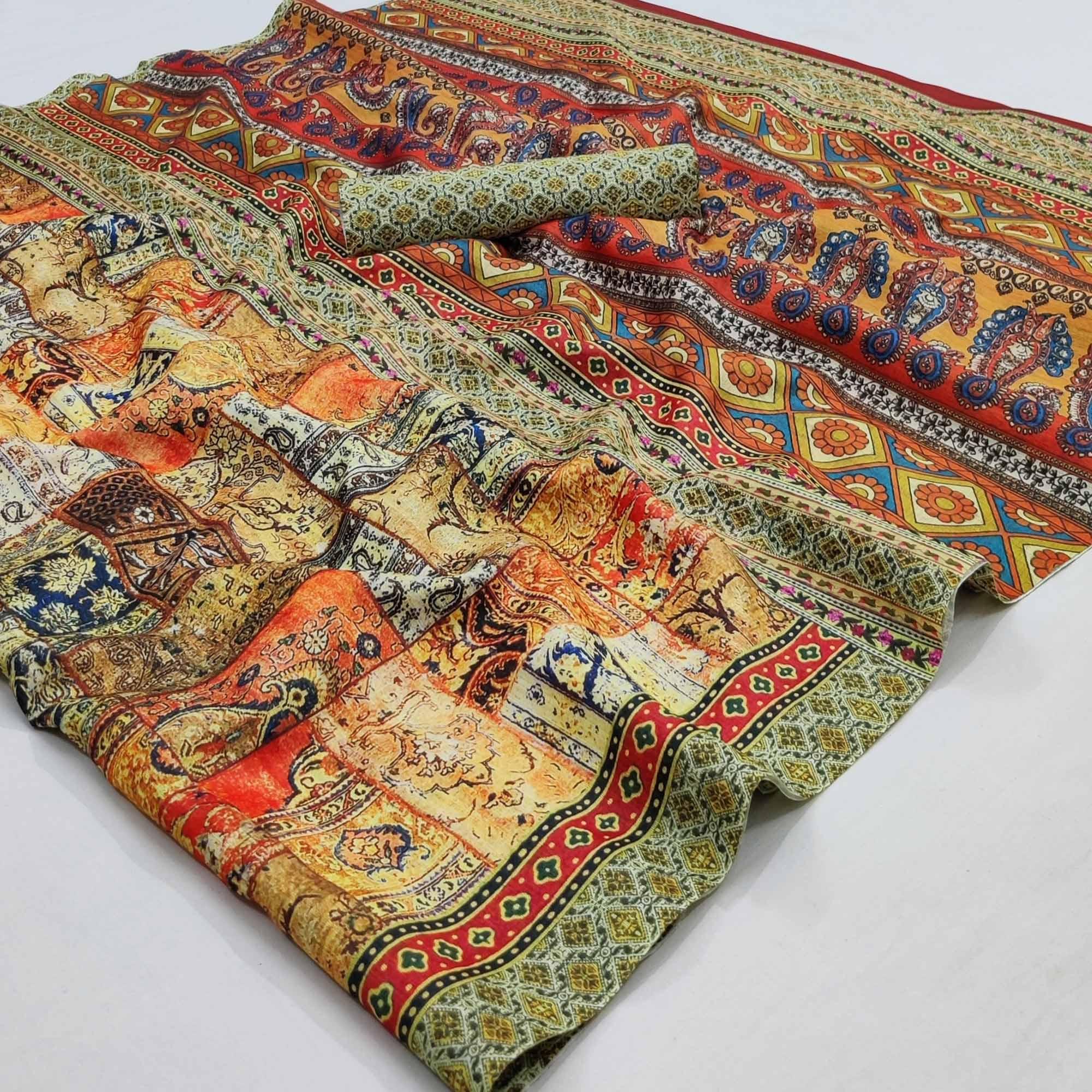 Multicolour Geometric Printed Pure Cotton Saree - Peachmode