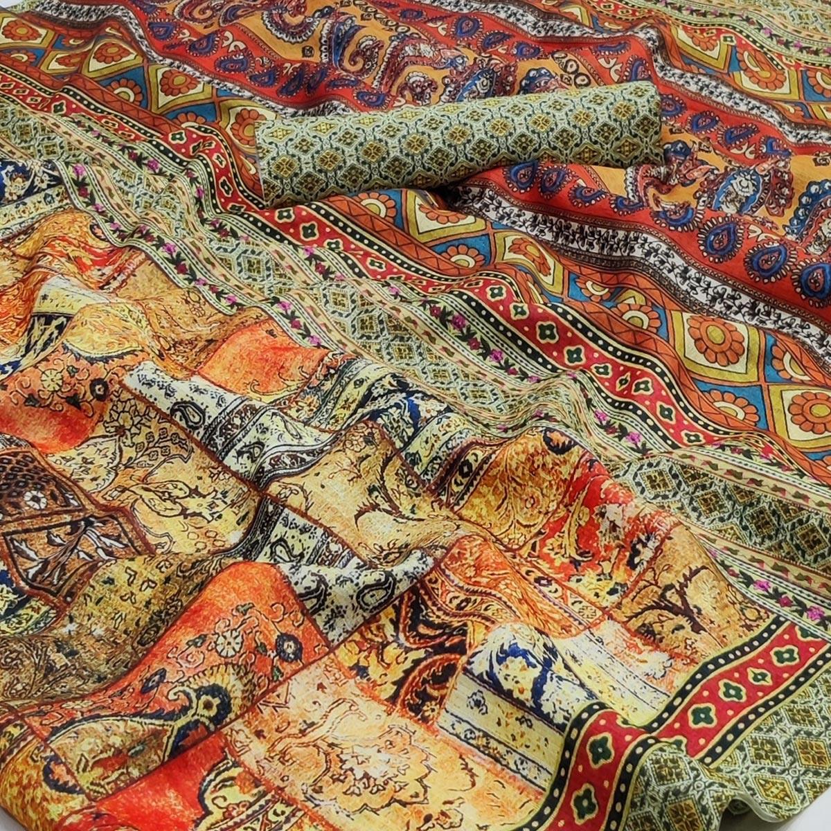 Multicolour Geometric Printed Pure Cotton Saree - Peachmode