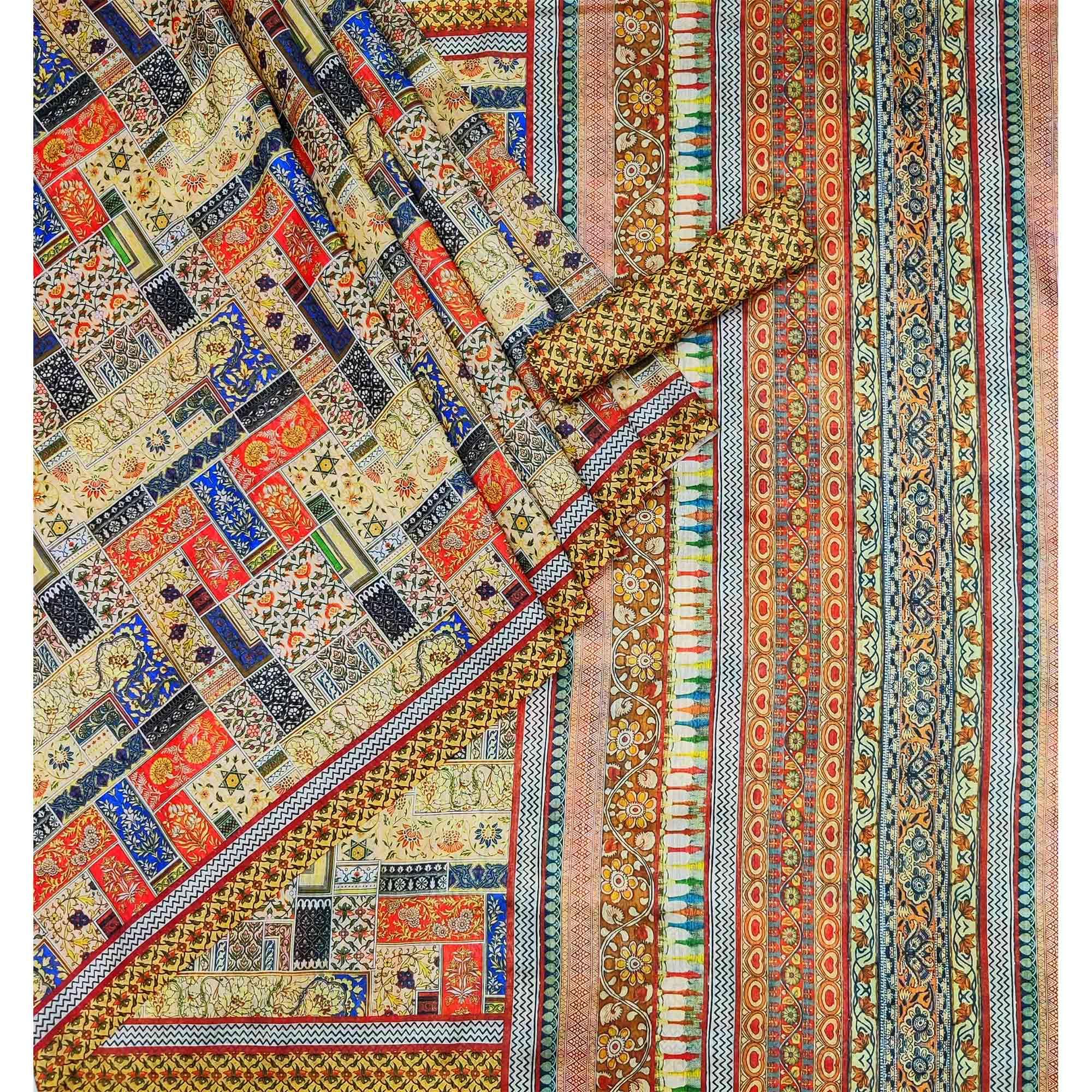 Multicolour Geometric Printed Pure Cotton Saree - Peachmode