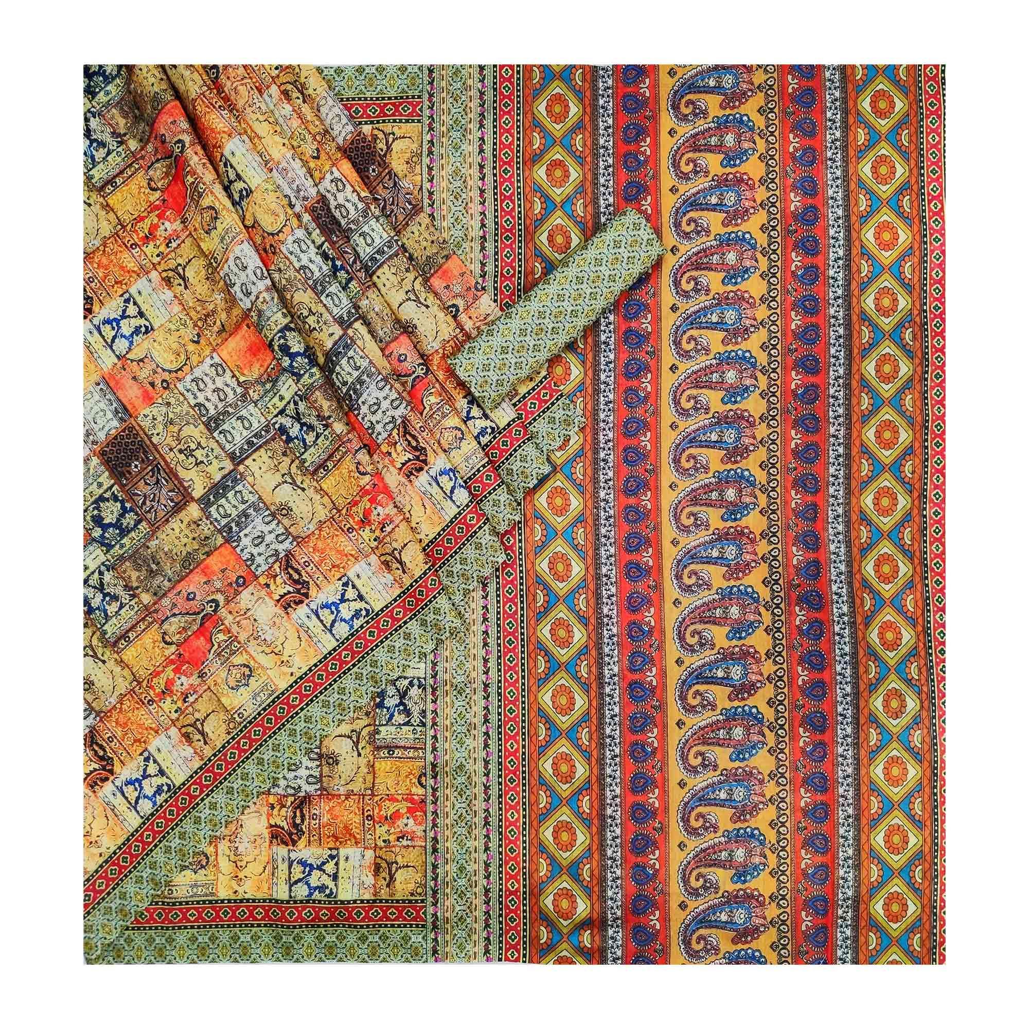 Multicolour Geometric Printed Pure Cotton Saree - Peachmode