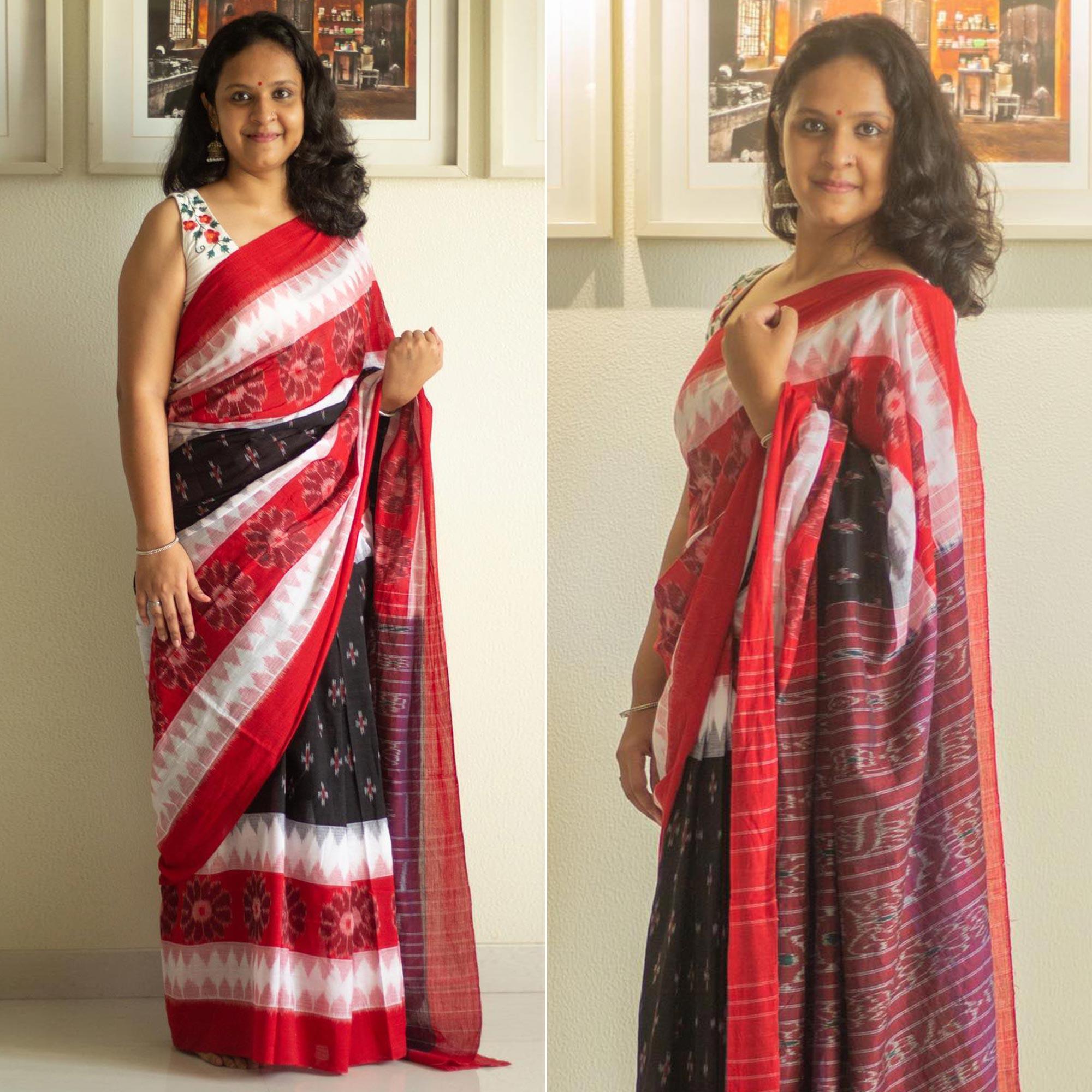 Multicolour Ikkat Printed Linen Saree - Peachmode