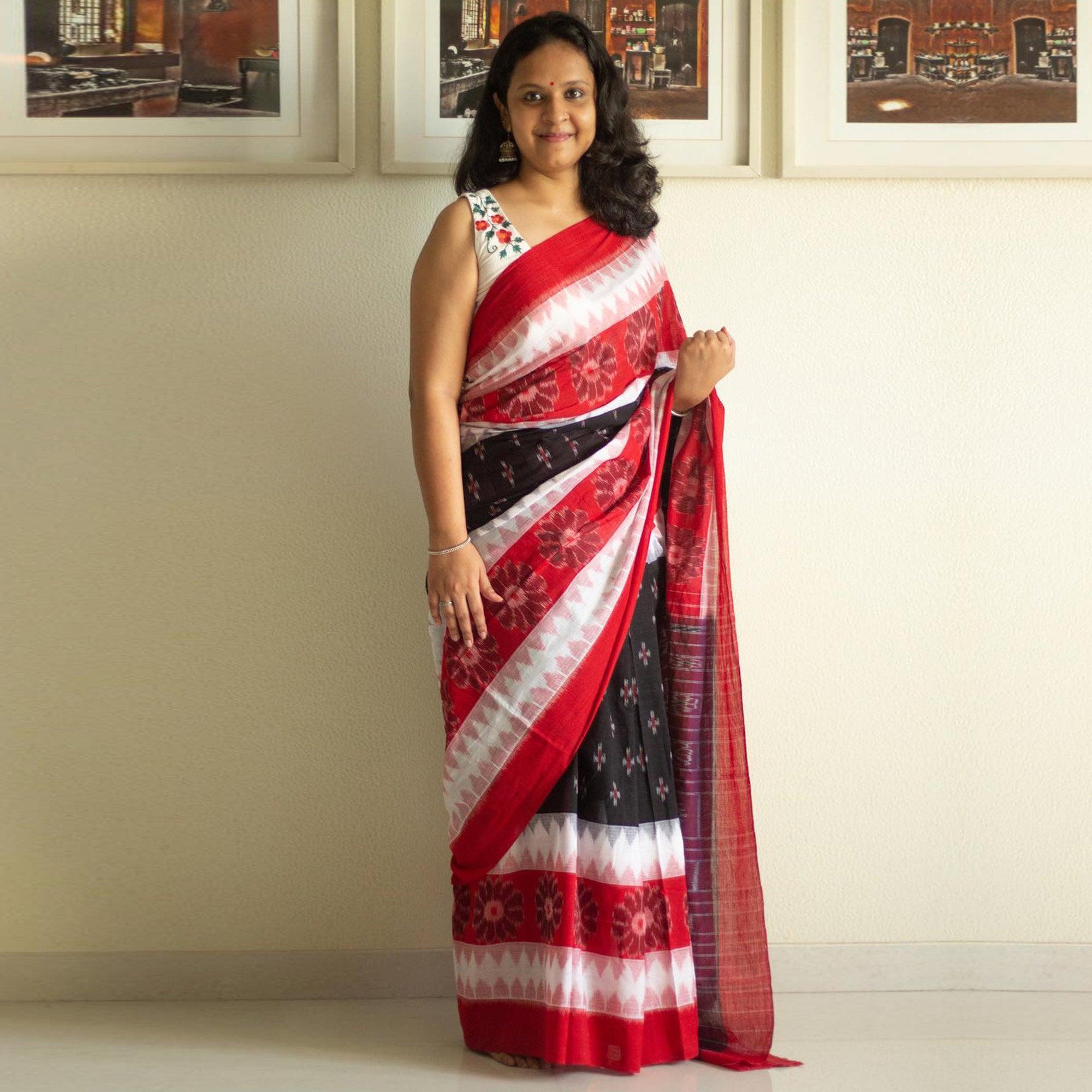 Multicolour Ikkat Printed Linen Saree - Peachmode