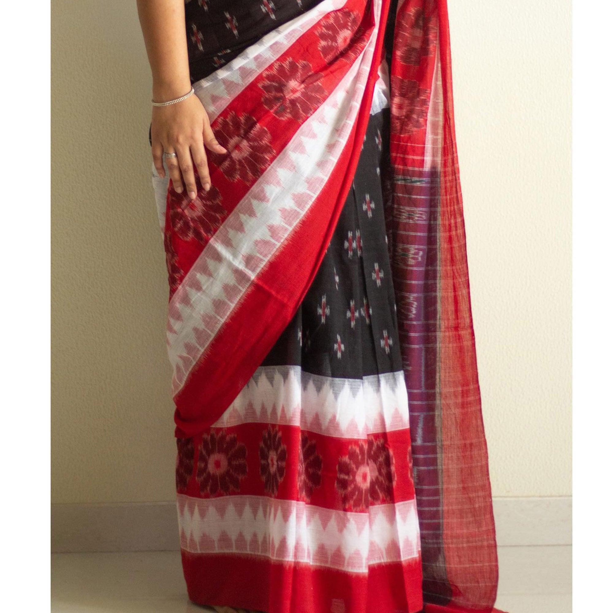 Multicolour Ikkat Printed Linen Saree - Peachmode