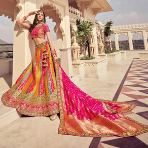 Multicolour Partywear Embellished Embroidered Banarasi Silk Lehenga - Peachmode
