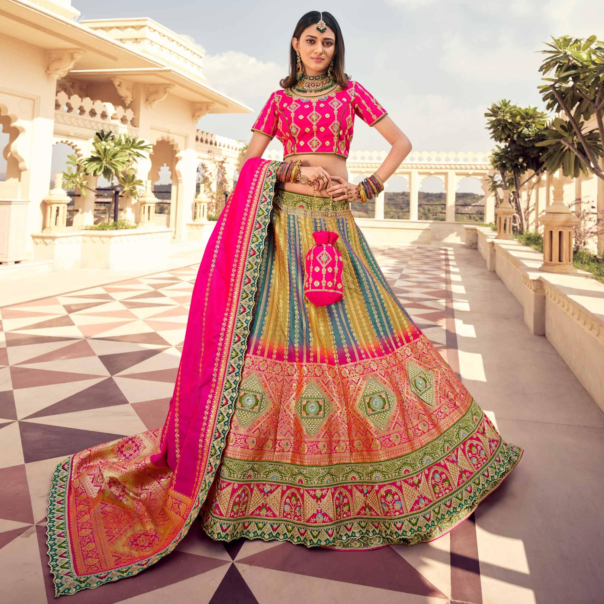 Multicolour Partywear Embellished Embroidered Banarasi Silk Lehenga - Peachmode