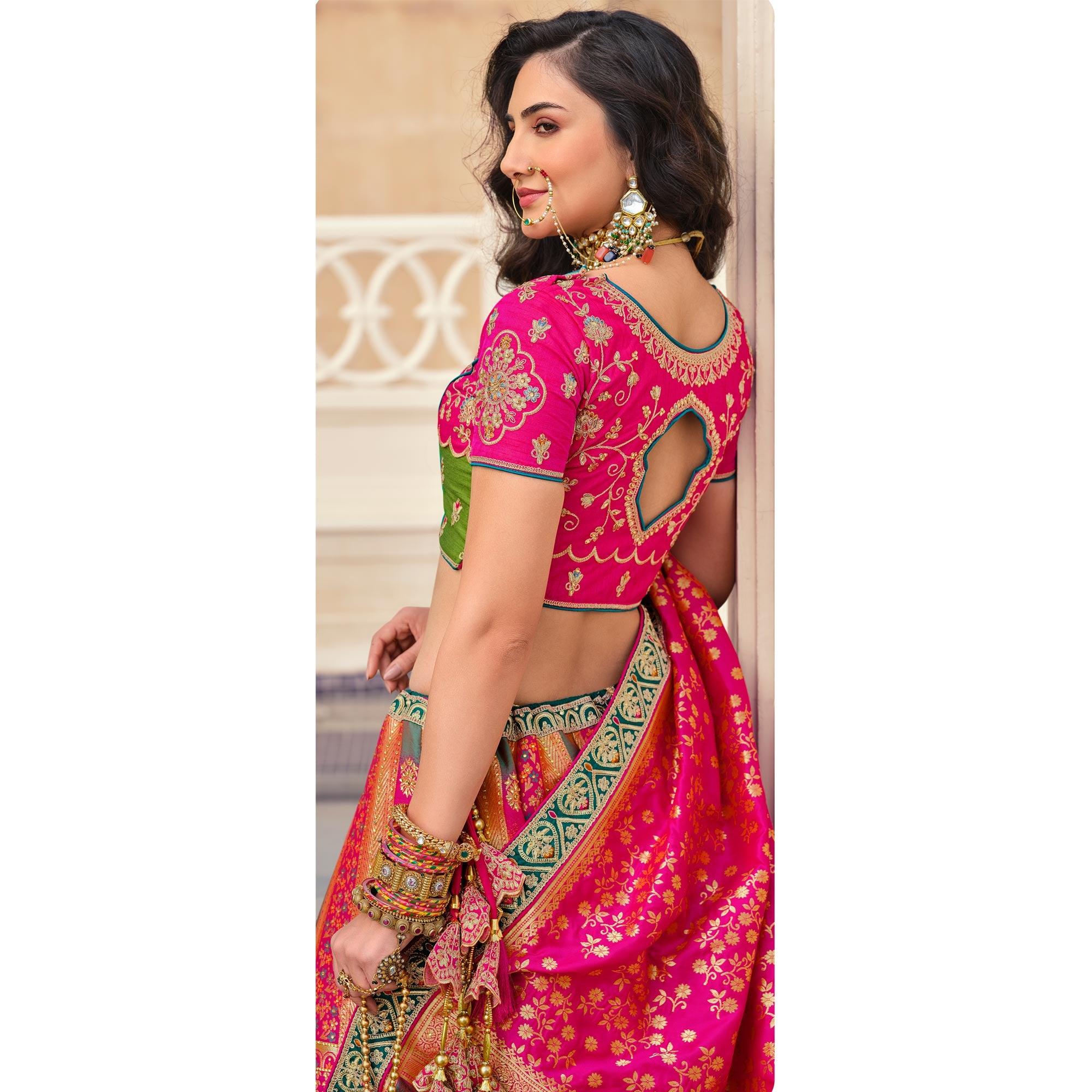 Multicolour Partywear Embellished Embroidered Banarasi Silk Lehenga - Peachmode
