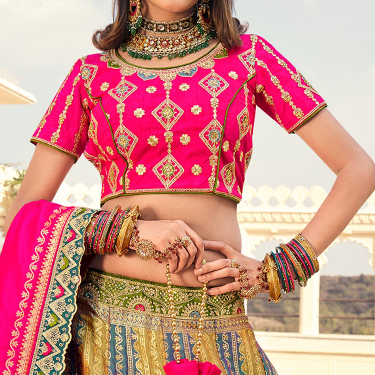 Multicolour Partywear Embellished Embroidered Banarasi Silk Lehenga - Peachmode