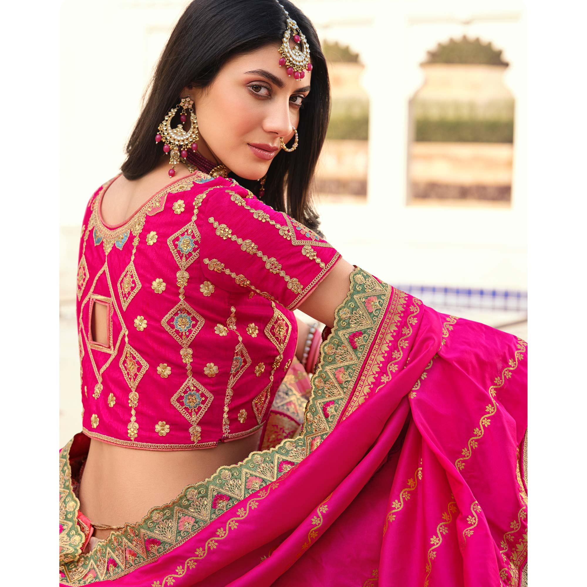 Multicolour Partywear Embellished Embroidered Banarasi Silk Lehenga - Peachmode