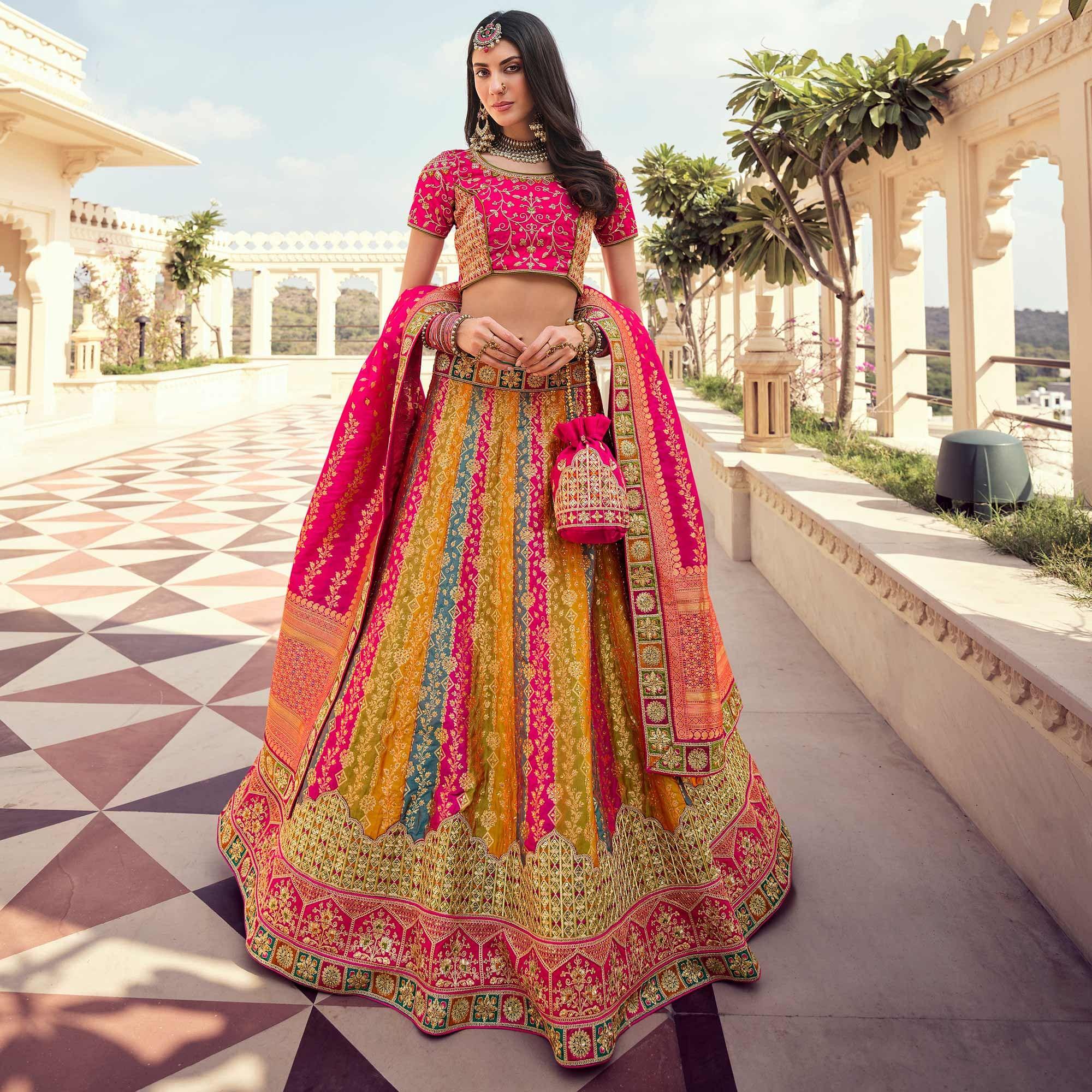Multicolour Partywear Embellished Embroidered Banarasi Silk Lehenga - Peachmode