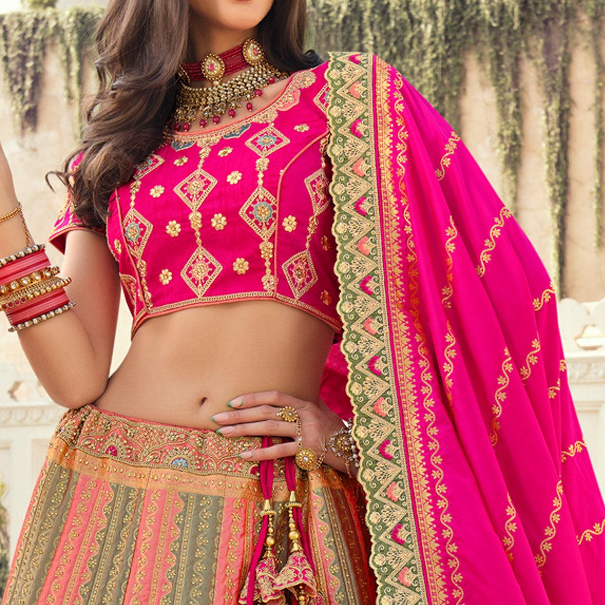 Multicolour Partywear Embellished Embroidered Banarasi Silk Lehenga - Peachmode