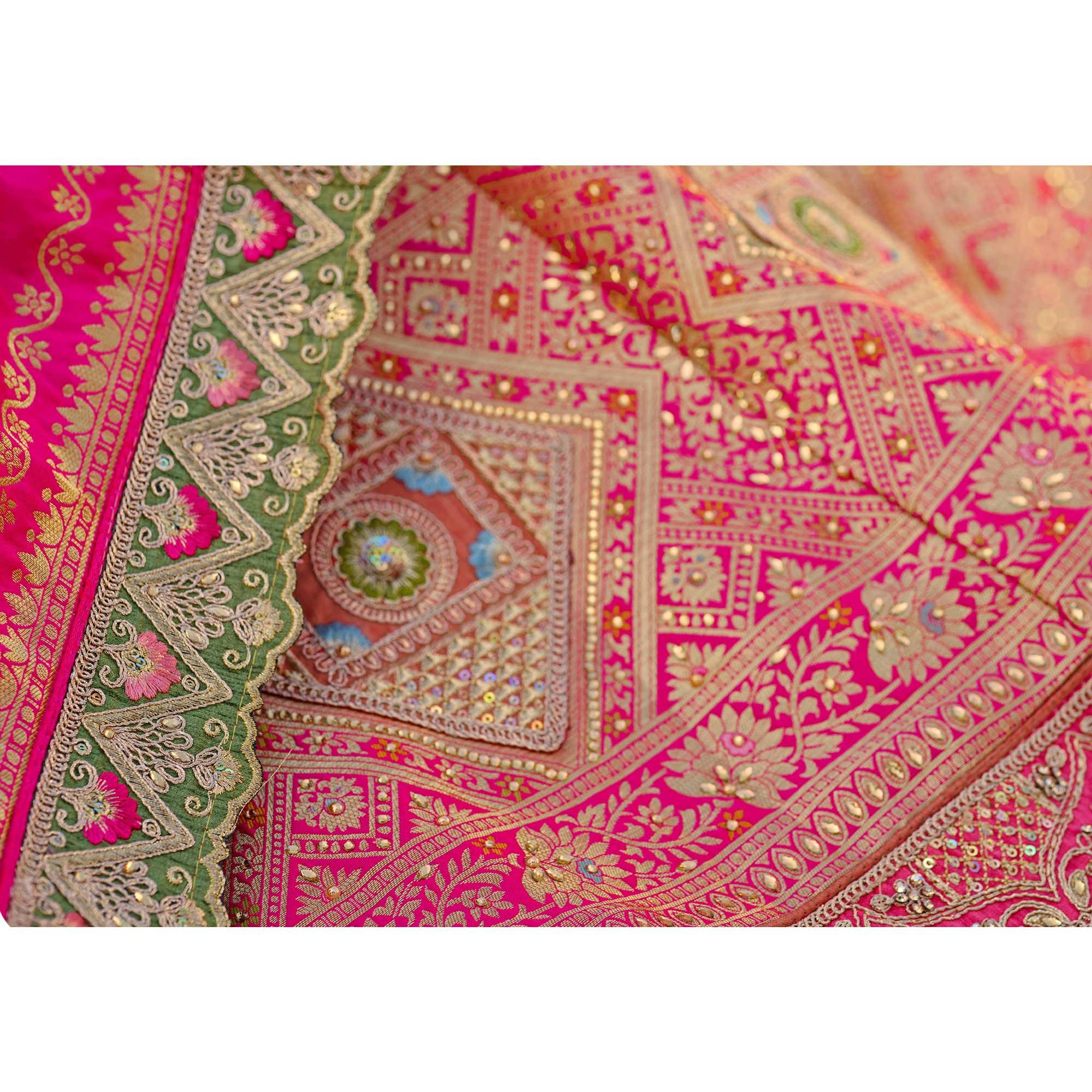 Multicolour Partywear Embellished Embroidered Banarasi Silk Lehenga - Peachmode