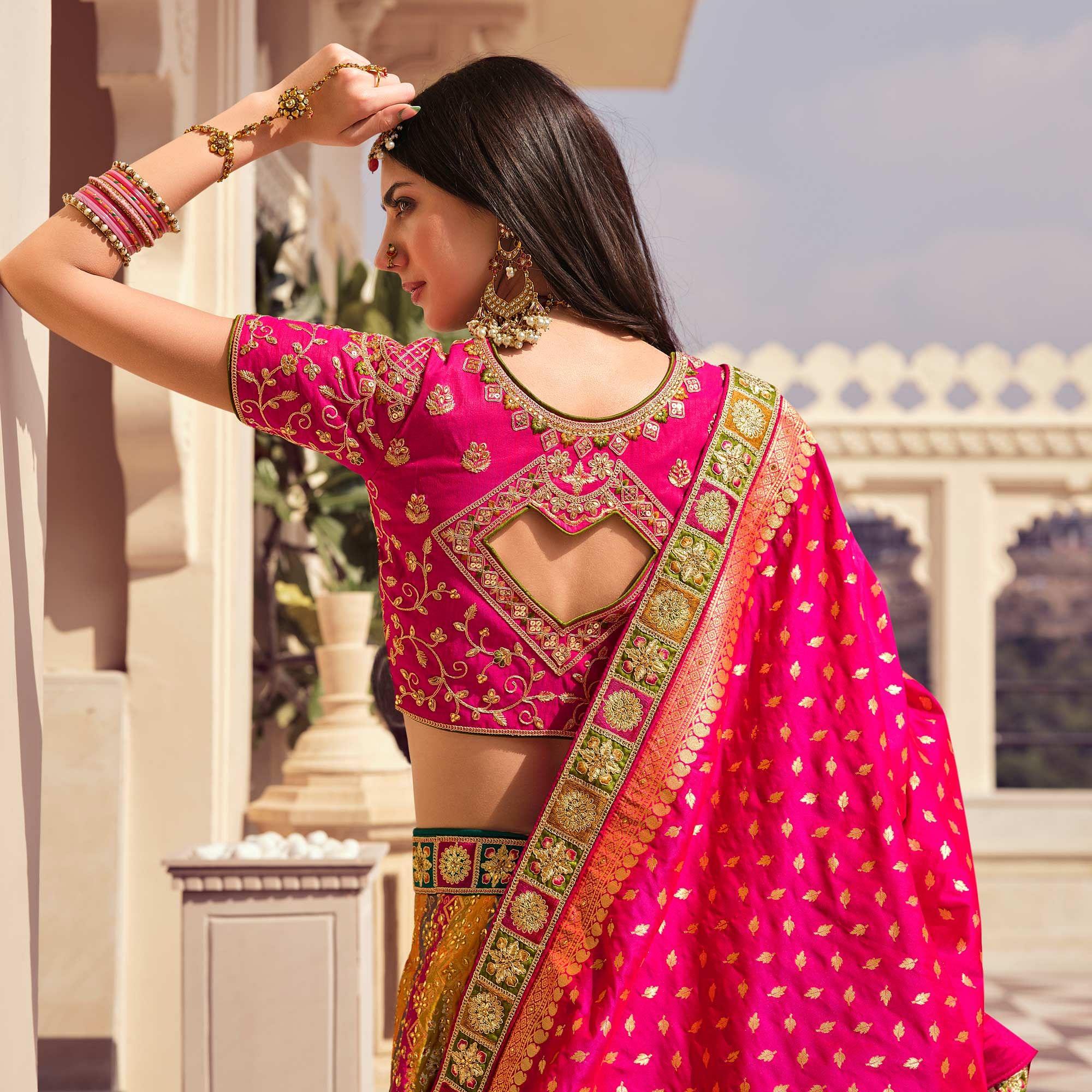 Multicolour Partywear Embellished Embroidered Banarasi Silk Lehenga - Peachmode