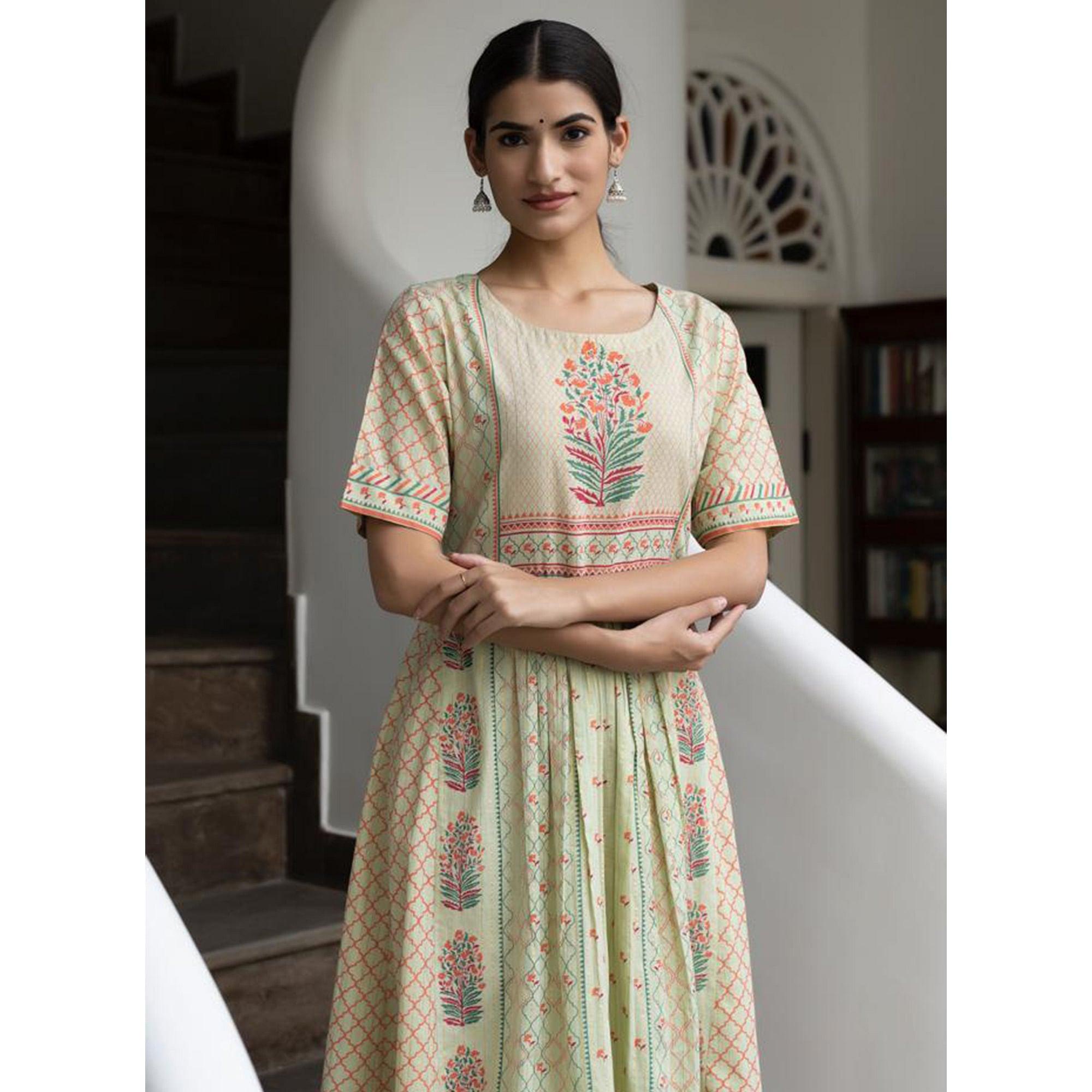 Multicolour Partywear Printed Cotton Silk Anarkali Suit - Peachmode