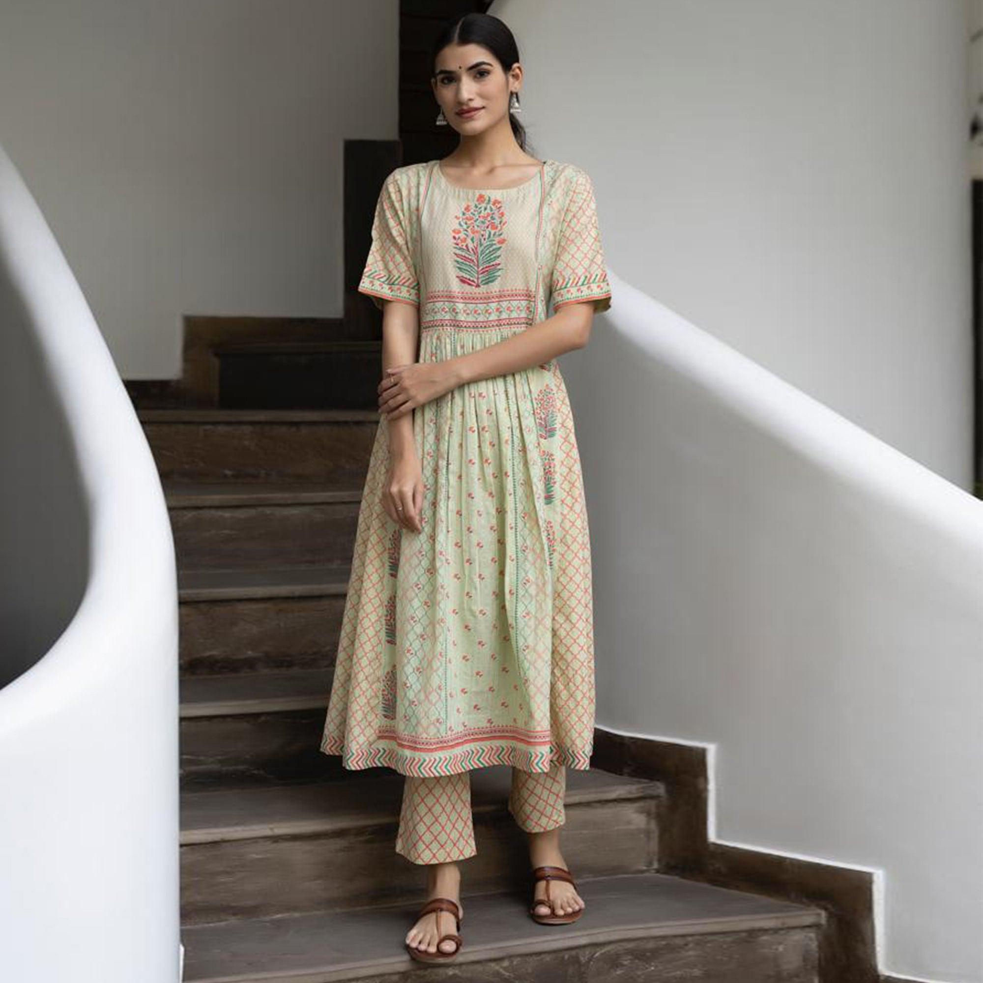 Multicolour Partywear Printed Cotton Silk Anarkali Suit - Peachmode