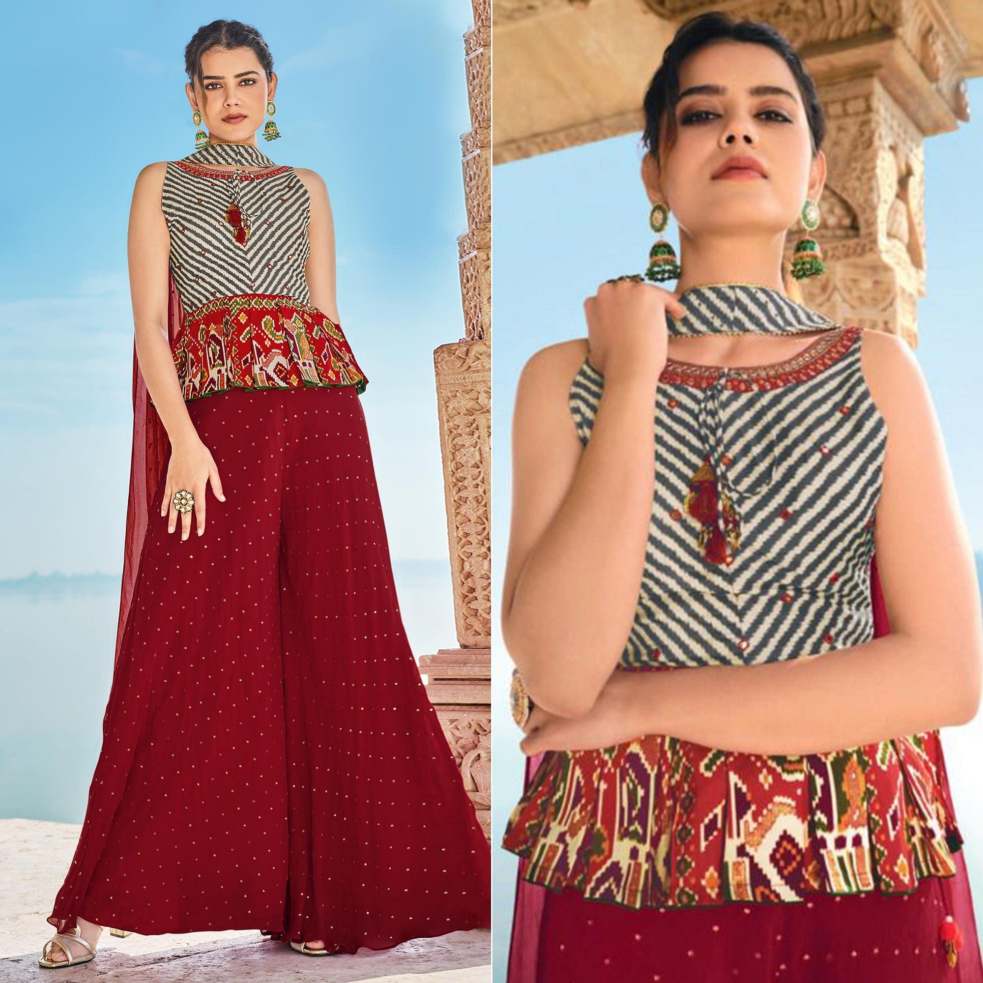 Multicolour Partywear Stripe and Patola Printed Silk Sharara Suit - Peachmode