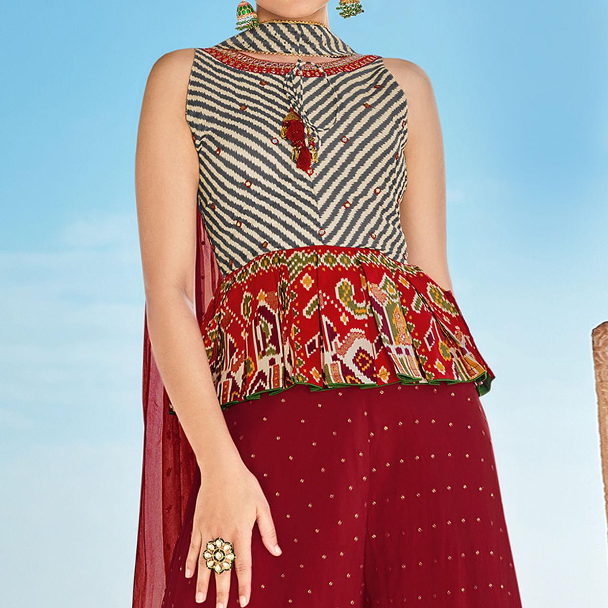 Multicolour Partywear Stripe and Patola Printed Silk Sharara Suit - Peachmode